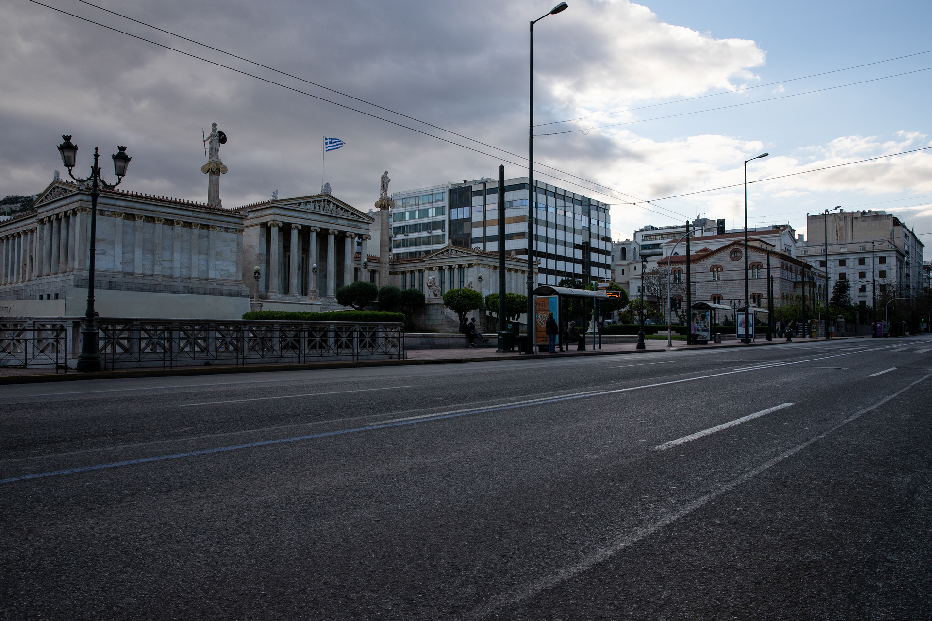 An empty street in front of the Athens' Academy, during the coronavirus disease (COVID-19) outbreak in Athens, Greece, April 16, 2020. Picture taken April 16, 2020. REUTERS