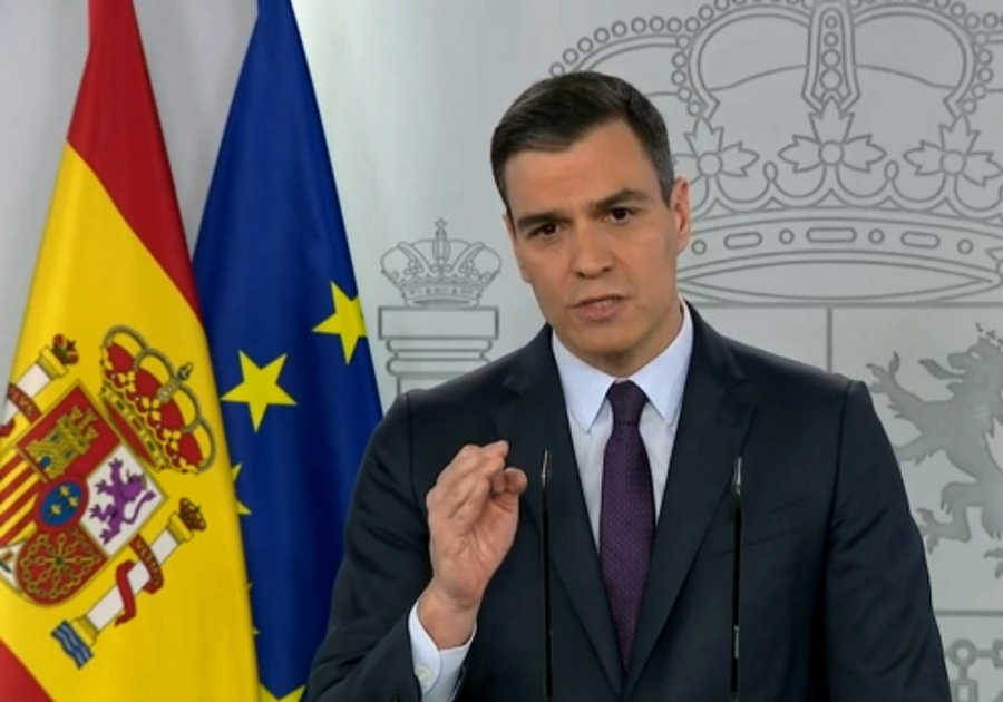 epa08384495 A tv grab taken from Moncloa's institutional broadcast signal that shows Spanish Prime Minister, Pedro Sanchez, addressing a press conference at Moncloa Presidential Palace in Madrid, Spain, 24 April 2020, to announce that if the children's permit to leave an hour a day doesn't lead to an increase of the number of COVID-19 patients, starting from 02 May, people will be able to leave their houses to do sport or take strolls with those who live in the same house.  EPA