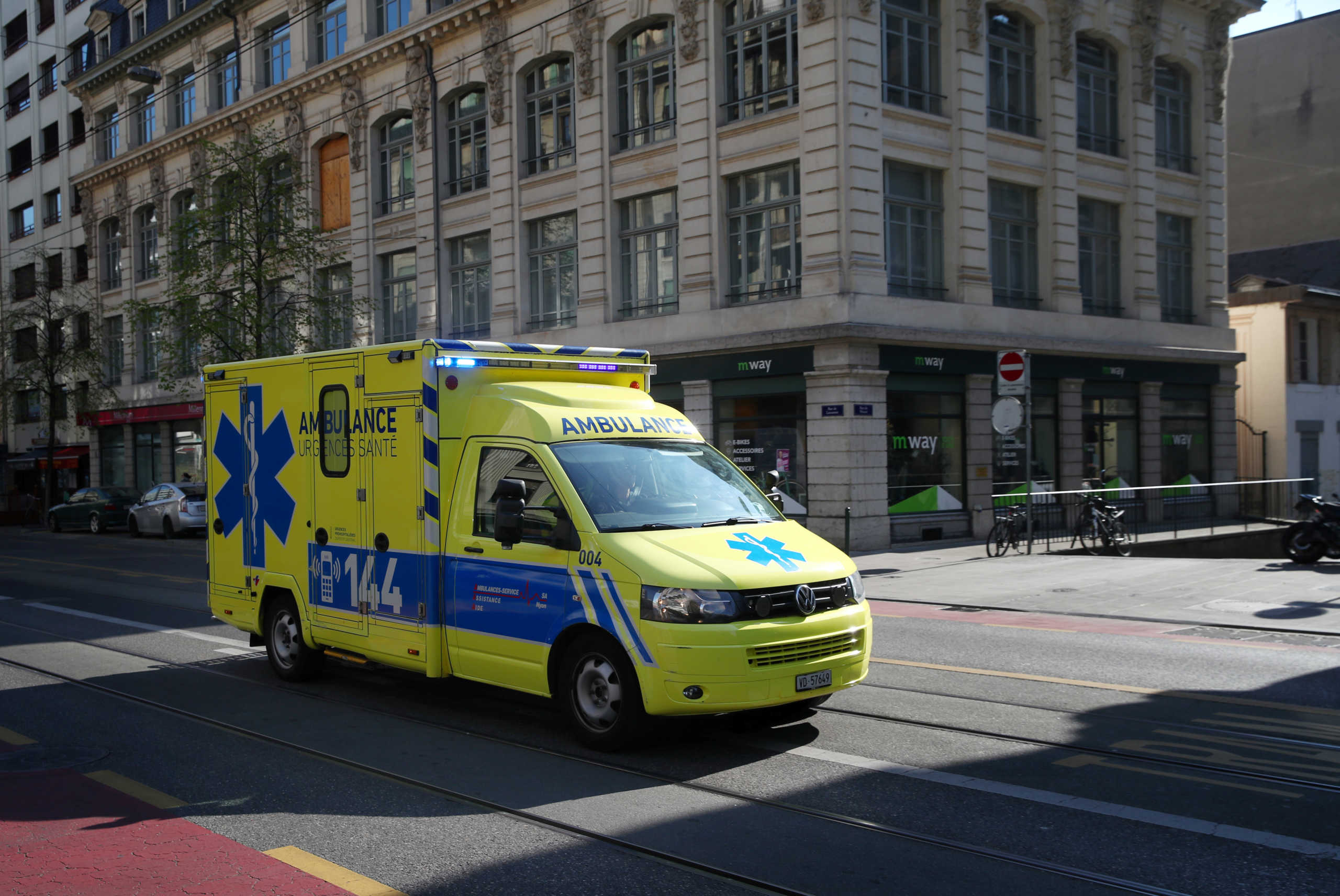 An ambulance is pictured during the coronavirus disease (COVID-19) outbreak in Geneva, Switzerland, April 8, 2020. REUTERS