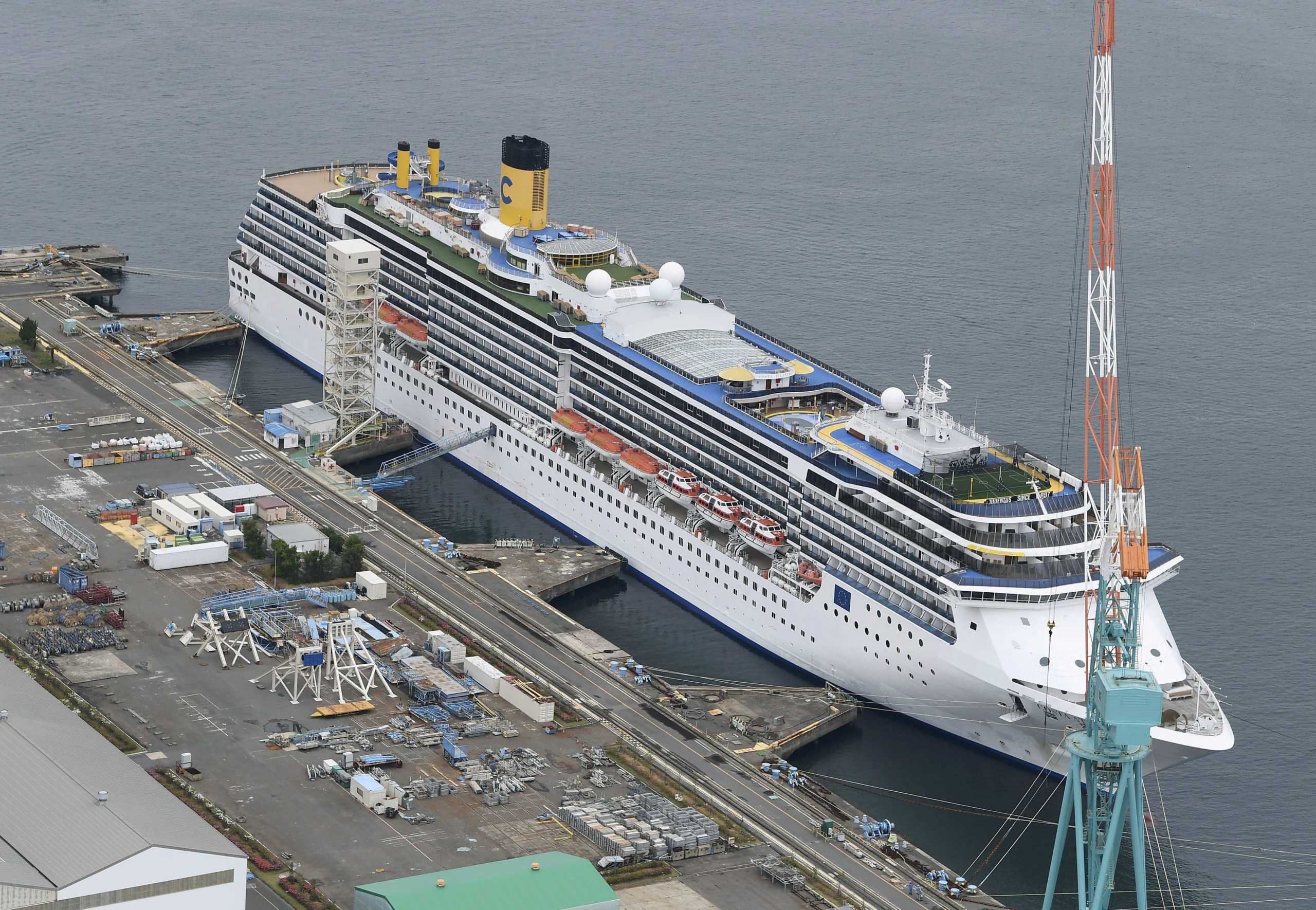 An aerial view shows Italian cruise ship Costa Atlantica, which had confirmed 33 cases of the coronavirus disease (COVID-19) infection, in Nagasaki, southern Japan April 21, 2020. in this photo taken by Kyodo. Picture taken April 21, 2020. Mandatory credit Kyodo