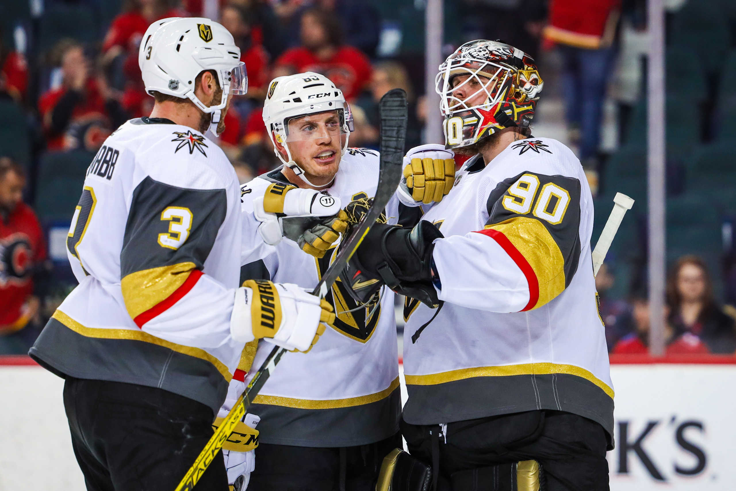 Mar 8, 2020; Calgary, Alberta, CAN; Vegas Golden Knights goaltender Robin Lehner (90) celebrates the win with teammates against the Calgary Flames at Scotiabank Saddledome. Mandatory Credit: Sergei Belski-USA TODAY Sports