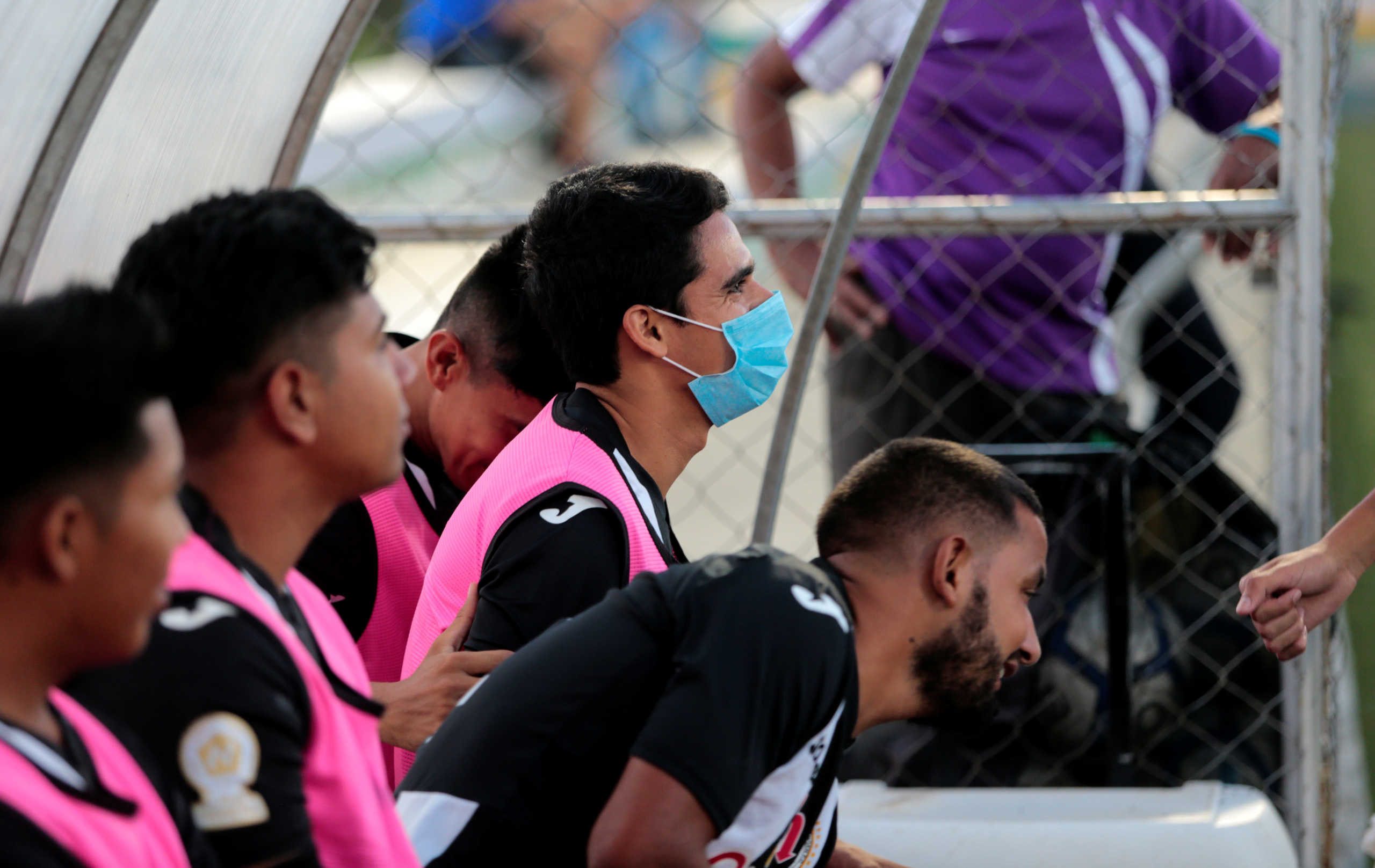 A player of Diriangen FC wears a face mask during a training before the soccer match against Juventus Managua, while in the rest of the world the activities were suspended following the outbreak of the coronavirus disease (COVID-19) in Masaya, Nicaragua April 4, 2020. REUTERS