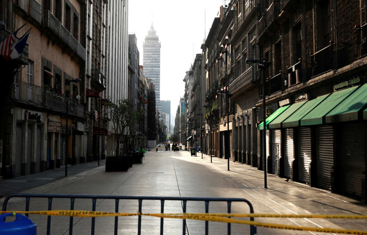 A general view shows a street closed to the public by the local government near Zocalo Square after Mexico's government declared a health emergency and issued stricter rules to curb the spread of the coronavirus disease (COVID-19), in Mexico City, Mexico April 5, 2020. Picture taken April 5, 2020. REUTERS