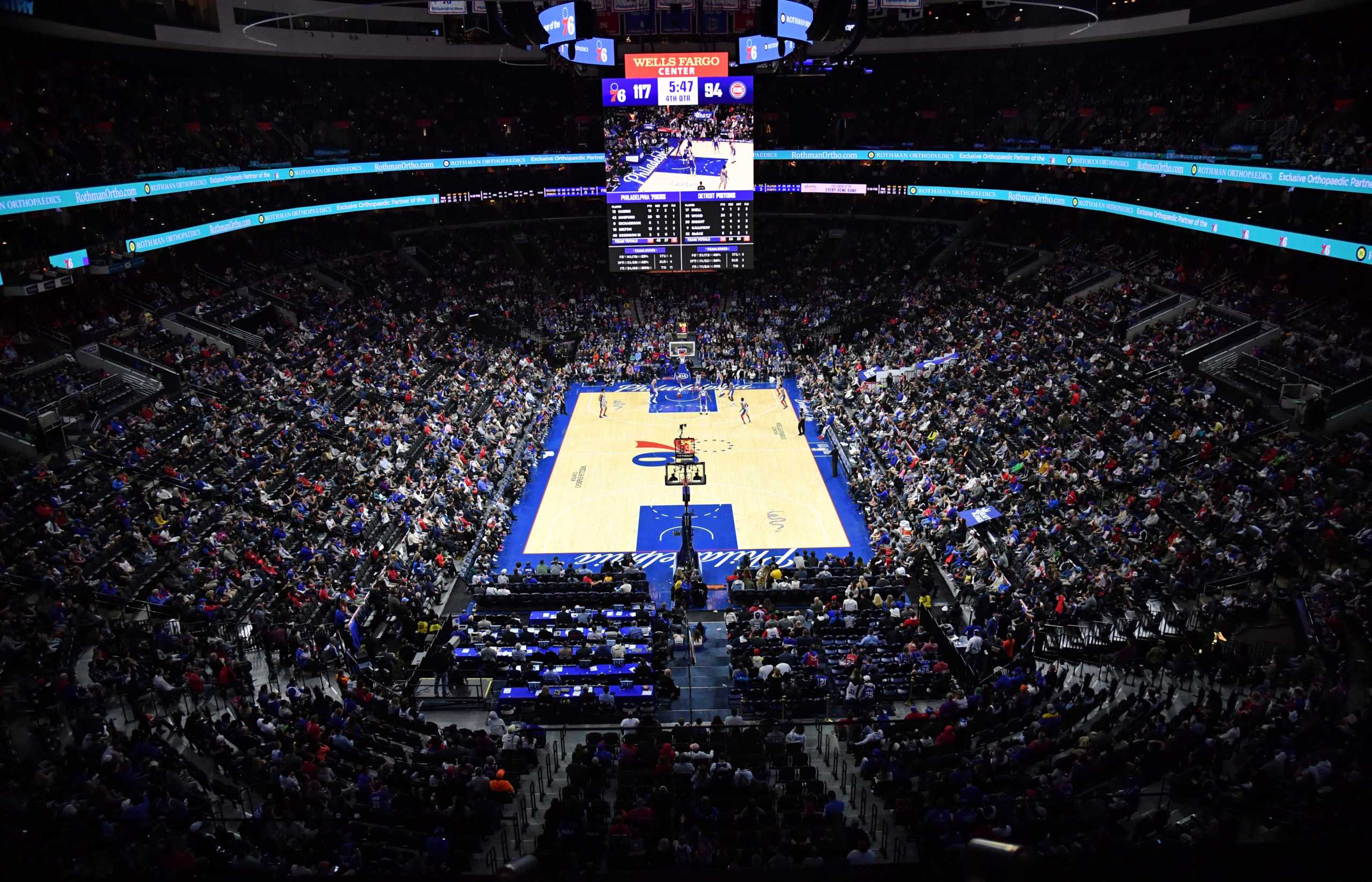 Mar 11, 2020; Philadelphia, Pennsylvania, USA; A general view of game between Philadelphia 76ers and Detroit Pistons during the fourth quarter at Wells Fargo Center. Mandatory Credit: Eric Hartline-USA TODAY Sports