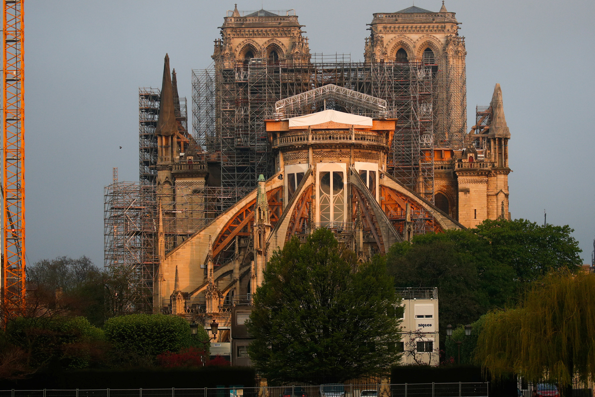 A view shows the restoration work at Notre Dame Cathedral, which was damaged in a devastating fire almost one year ago, in Paris ahead of Easter celebrations to be held under lockdown imposed to slow the spread of the coronavirus disease (COVID-19) in France, April 7, 2020. REUTERS