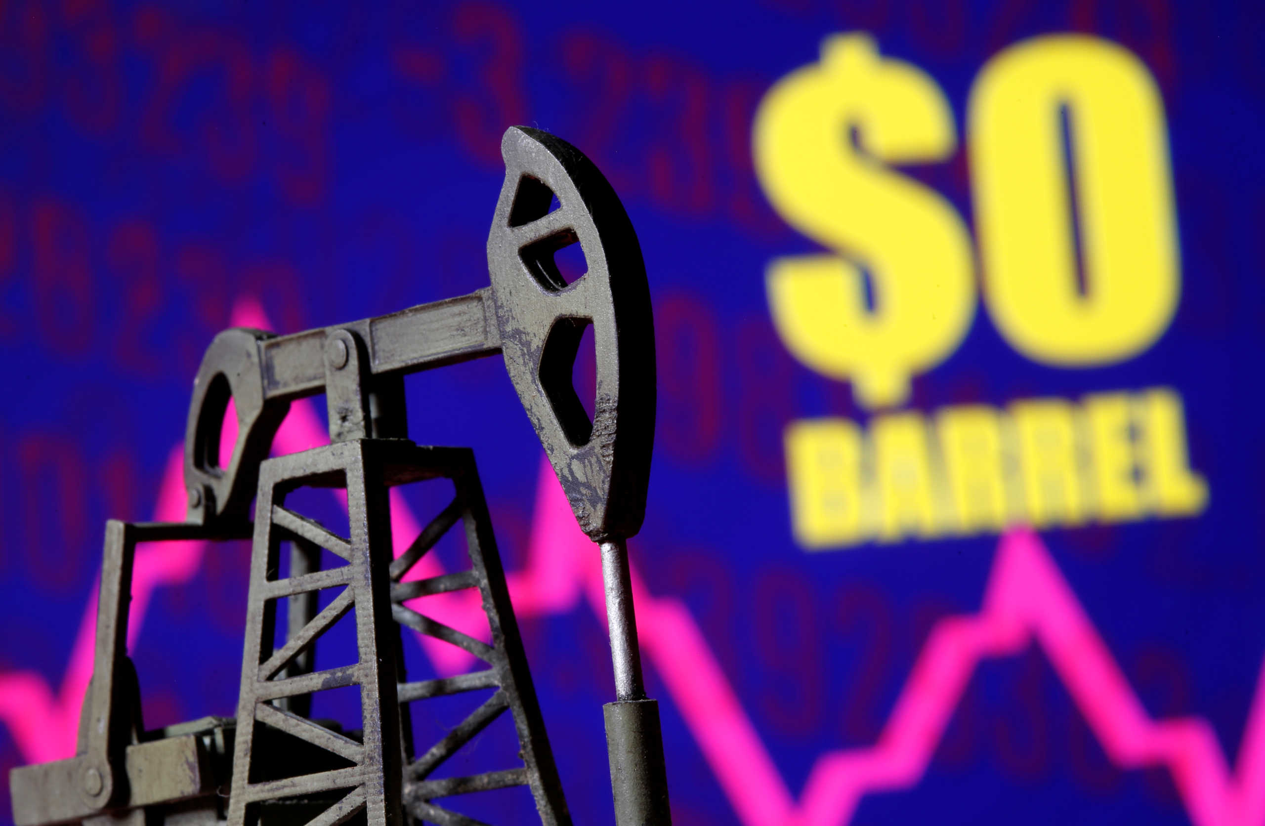 A 3D-printed oil pump jack is seen in front of a displayed stock graph and "$0 Barrel" words in this illustration picture, April 20, 2020. REUTERS