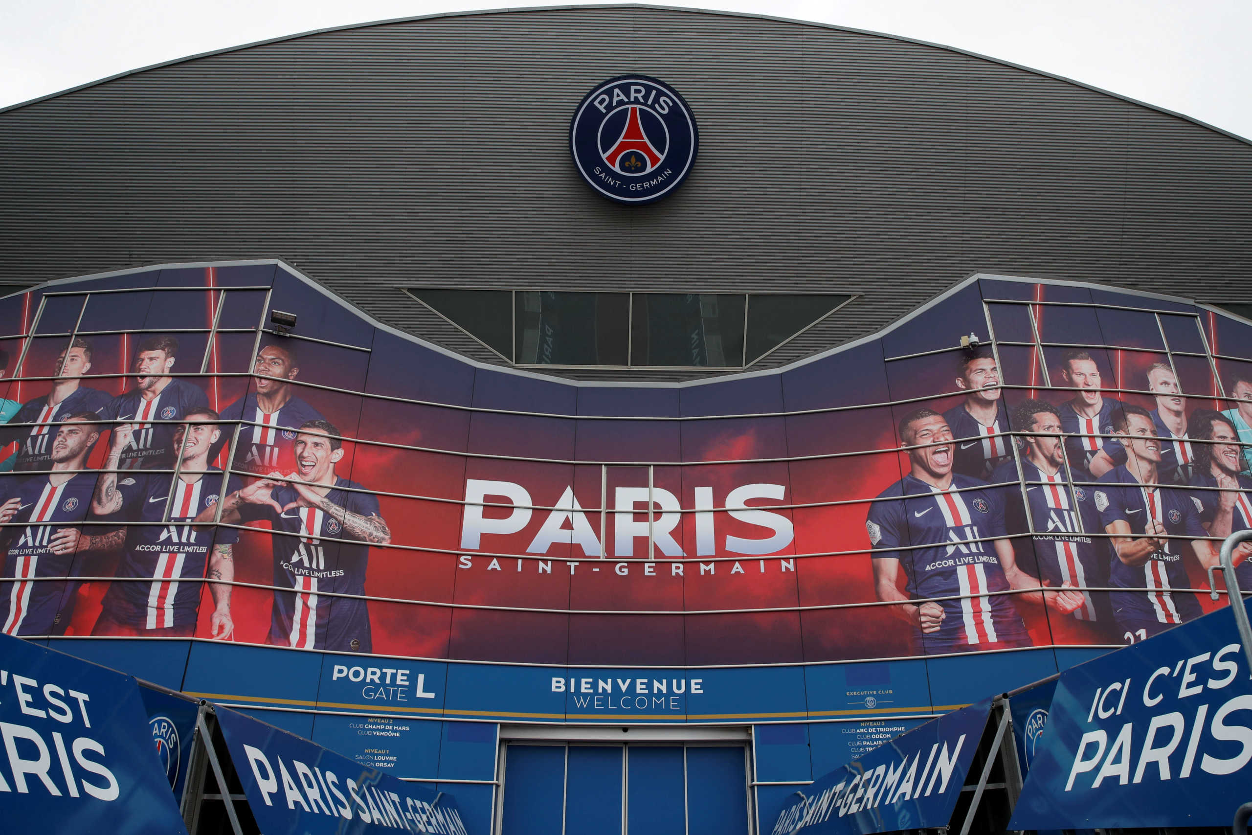 FILE PHOTO: General view of the main entrance of the Parc de Princes stadium a day before the Champions League match between Paris Saint-Germain and Borussia Dortmund, which was played behind closed doors due to the coronavirus outbreak, in Paris, France March 10, 2020. REUTERS