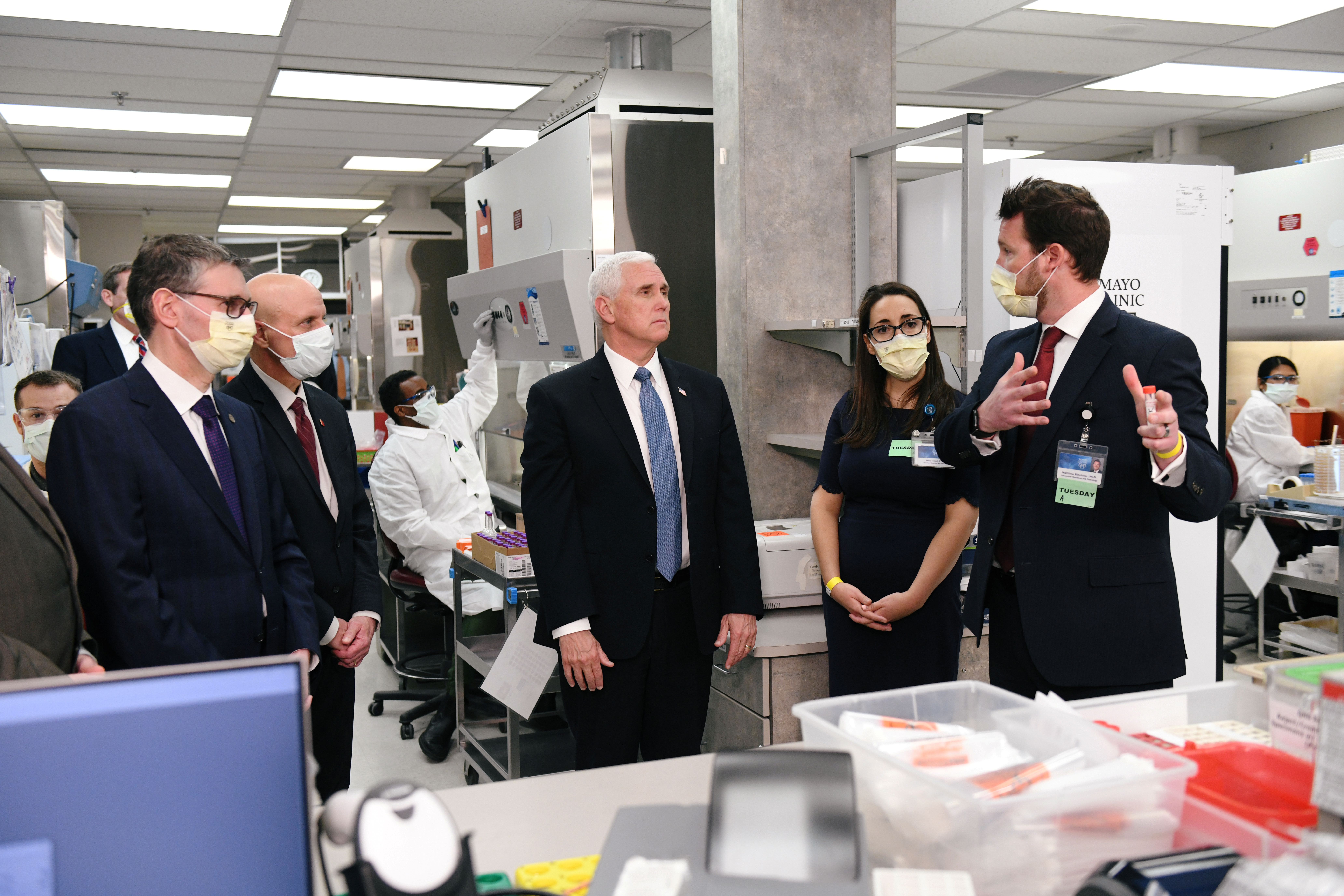 Vice President Mike Pence visits with lab physicians and techs while touring Mayo Clinic facilities supporting coronavirus disease (COVID-19) research and treatment in Rochester, Minnesota, U.S., April 28, 2020. REUTERS