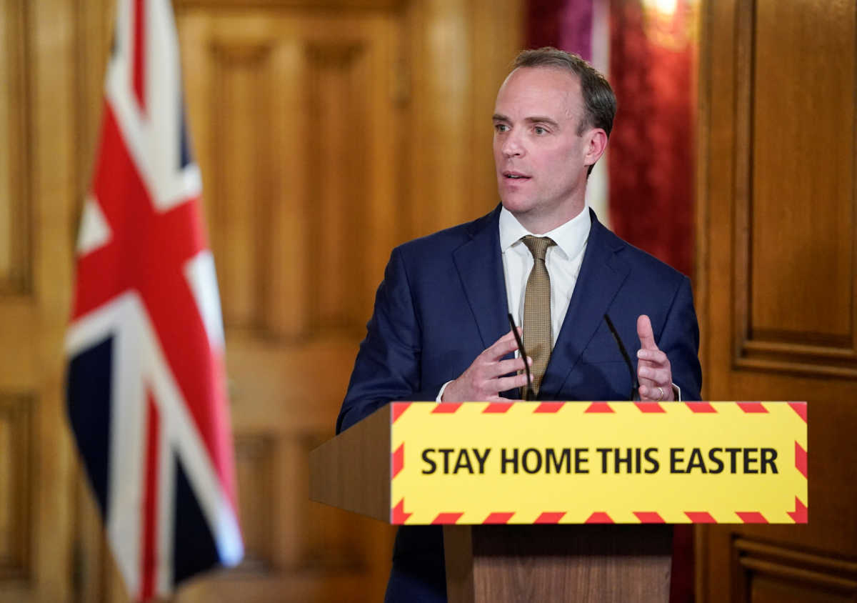 Britain's Foreign Secretary Dominic Raab speaks as he holds the Digital Covid-19 Press Conference with Chief Scientific Adviser, Sir Patrick Vallance and Chief Medical Officer, Professor Chris Whitty in 10 Downing Street, London, Britain April 13, 2020. Andrew Parsons