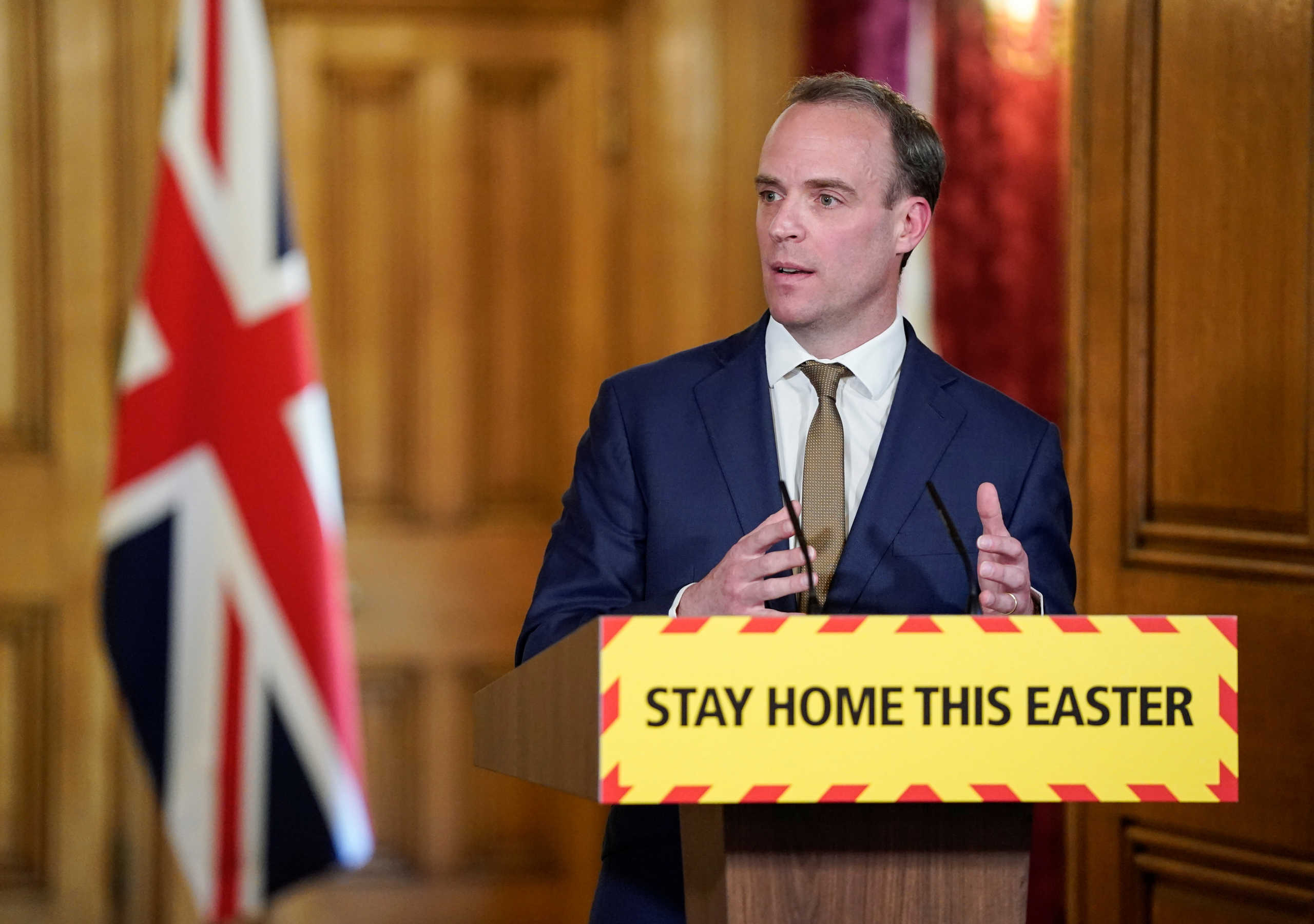 Britain's Foreign Secretary Dominic Raab speaks as he holds the Digital Covid-19 Press Conference with Chief Scientific Adviser, Sir Patrick Vallance and Chief Medical Officer, Professor Chris Whitty in 10 Downing Street, London, Britain April 13, 2020. Andrew Parsons