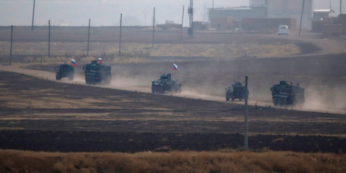 Russian military vehicles return following a joint Turkish-Russian patrol in northeast Syria, as they are pictured near the Turkish border town of Kiziltepe in Mardin province, Turkey, November 1, 2019. REUTERS