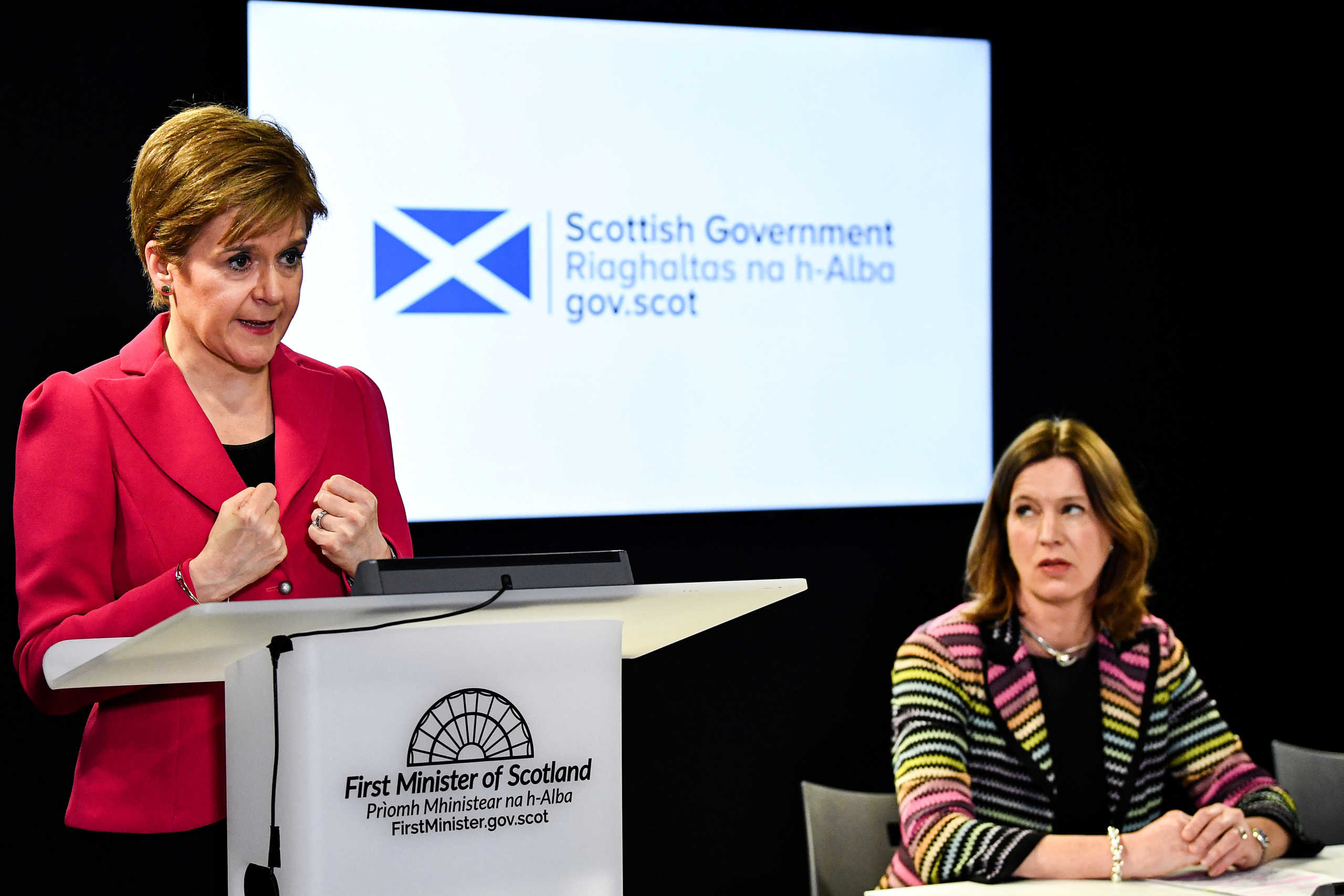 FILE PHOTO: First Minister Nicola Sturgeon, Chief Medical Officer Dr Catherine Calderwood and Health Secretary Jeane Freeman (not pictured), deliver an update on coronavirus following a COBRA meeting, in Edinburgh, Scotland, Britain, March 12, 2020. Jeff J Mitchell