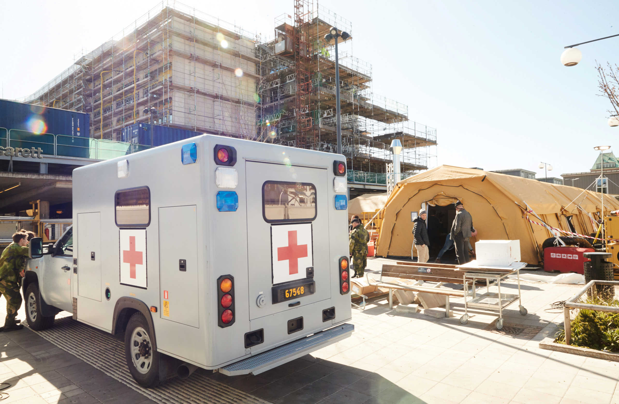 An ambulance lent by the Swedish Armed Forces to transfer the intensive care patients infected with the coronavirus disease (COVID-19) between the hospitals are pictured in Helsingborg, Sweden April 09, 2020.  Andreas Hillergren