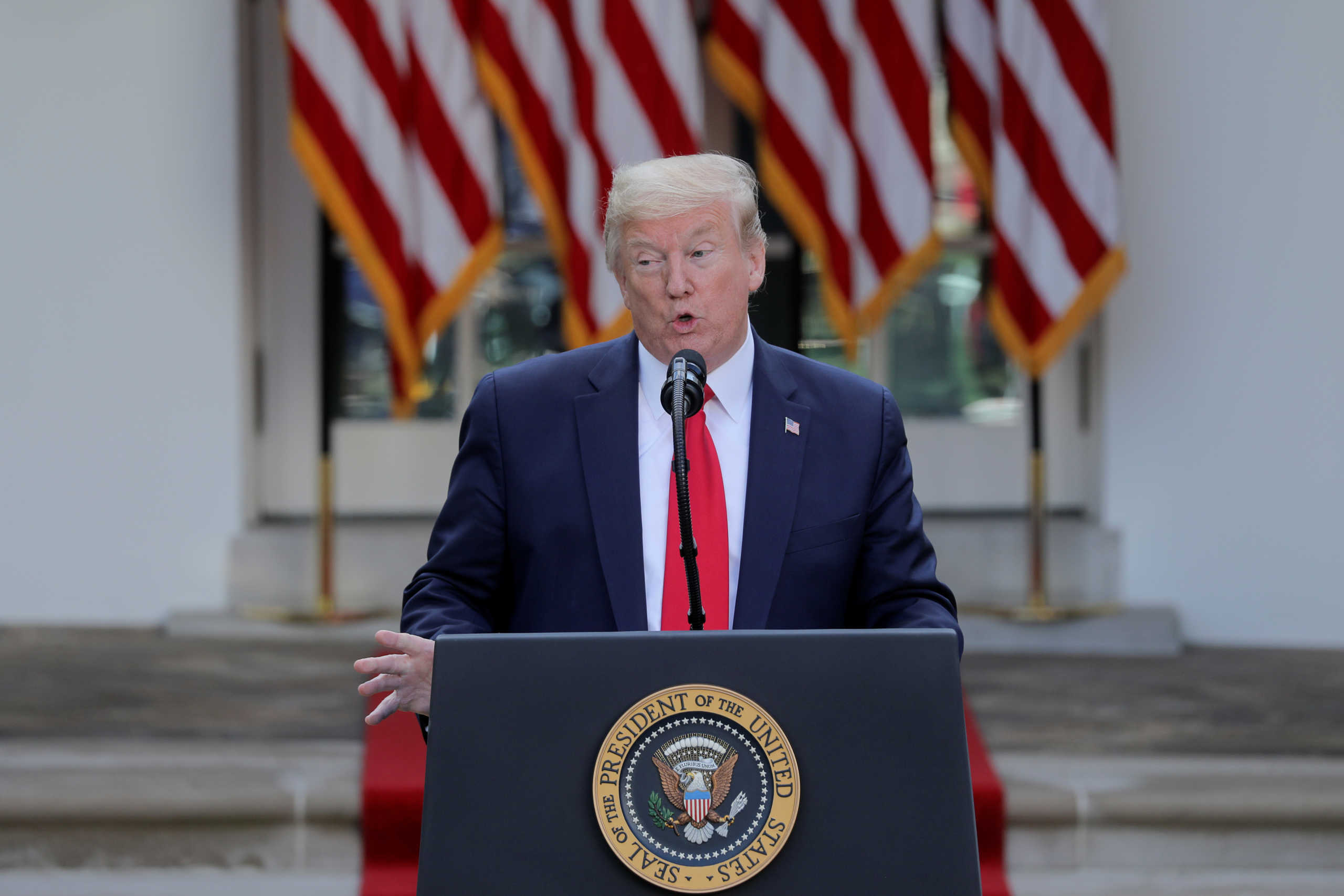 U.S. President Donald Trump addresses a coronavirus response news conference in the Rose Garden at the White House in Washington, U.S., April 27, 2020. REUTERS