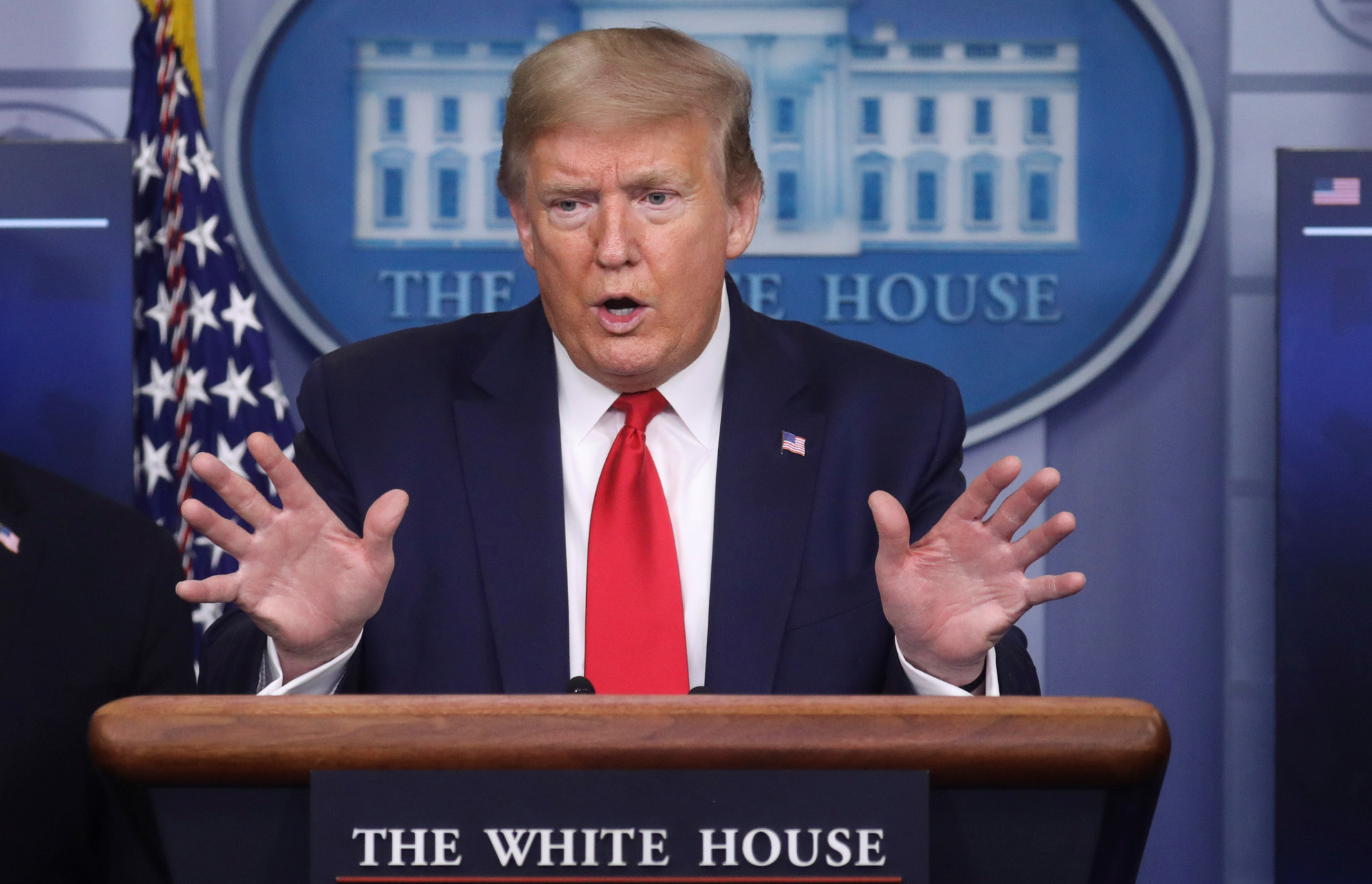 U.S. President Donald Trump answers questions at the daily coronavirus task force briefing flanked by Vice President Mike Pence at the White House in Washington, U.S., April 17, 2020. REUTERS