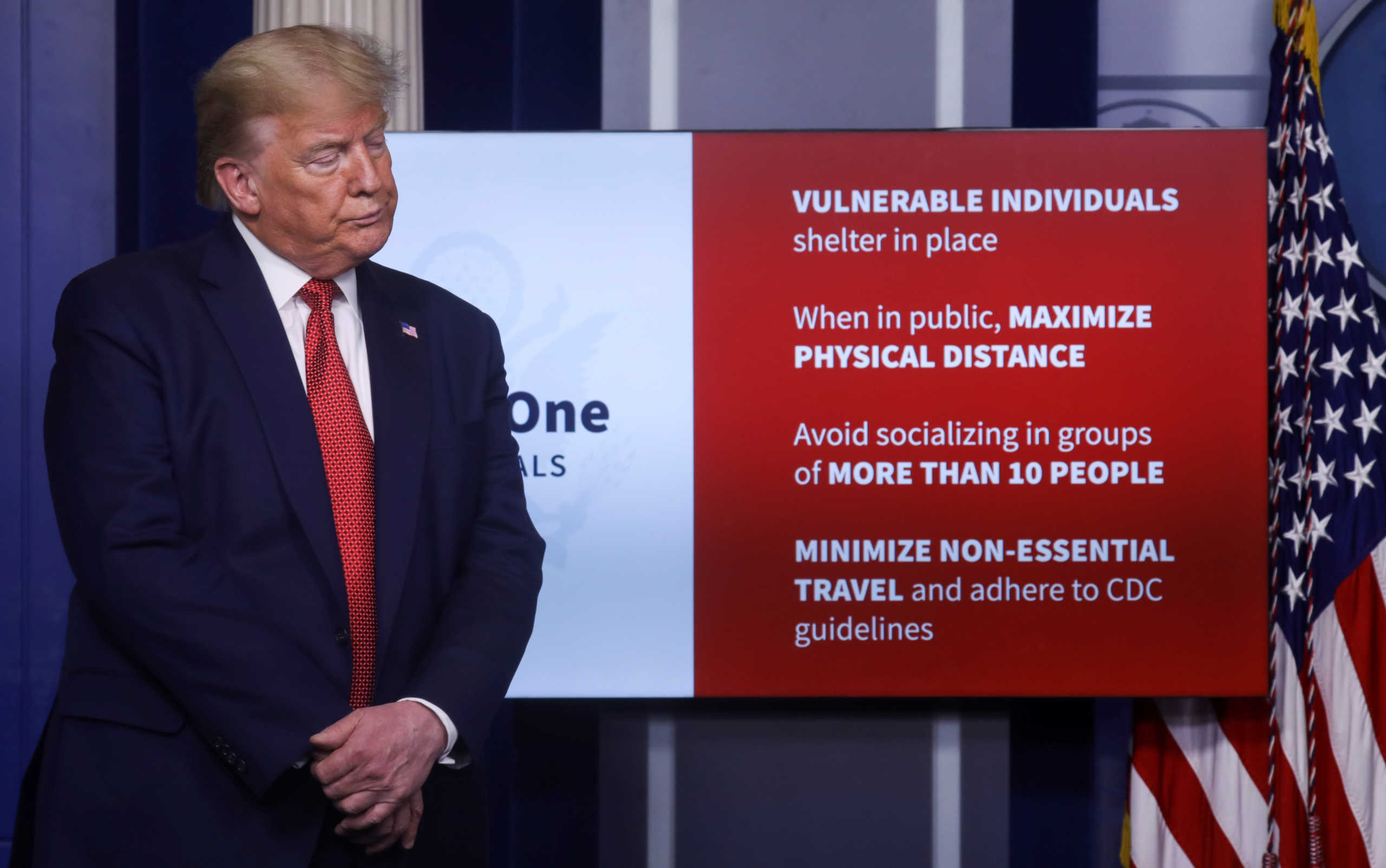 U.S. President Donald Trump stands in front of a chart showing guidelines for Phase One of his administration's plans for "Opening Up America Again" during the daily coronavirus task force briefing at the White House in Washington, U.S., April 16, 2020. REUTERS