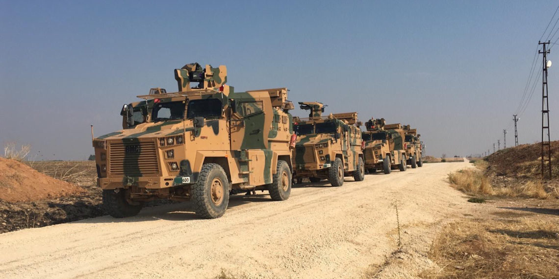 Turkish military vehicles are seen on the Turkish-Syrian border before a joint Turkish-Russian patrol in northeast Syria, near the Turkish town of Kiziltepe in Mardin province, Turkey, November 1, 2019. Turkish Defence Ministry