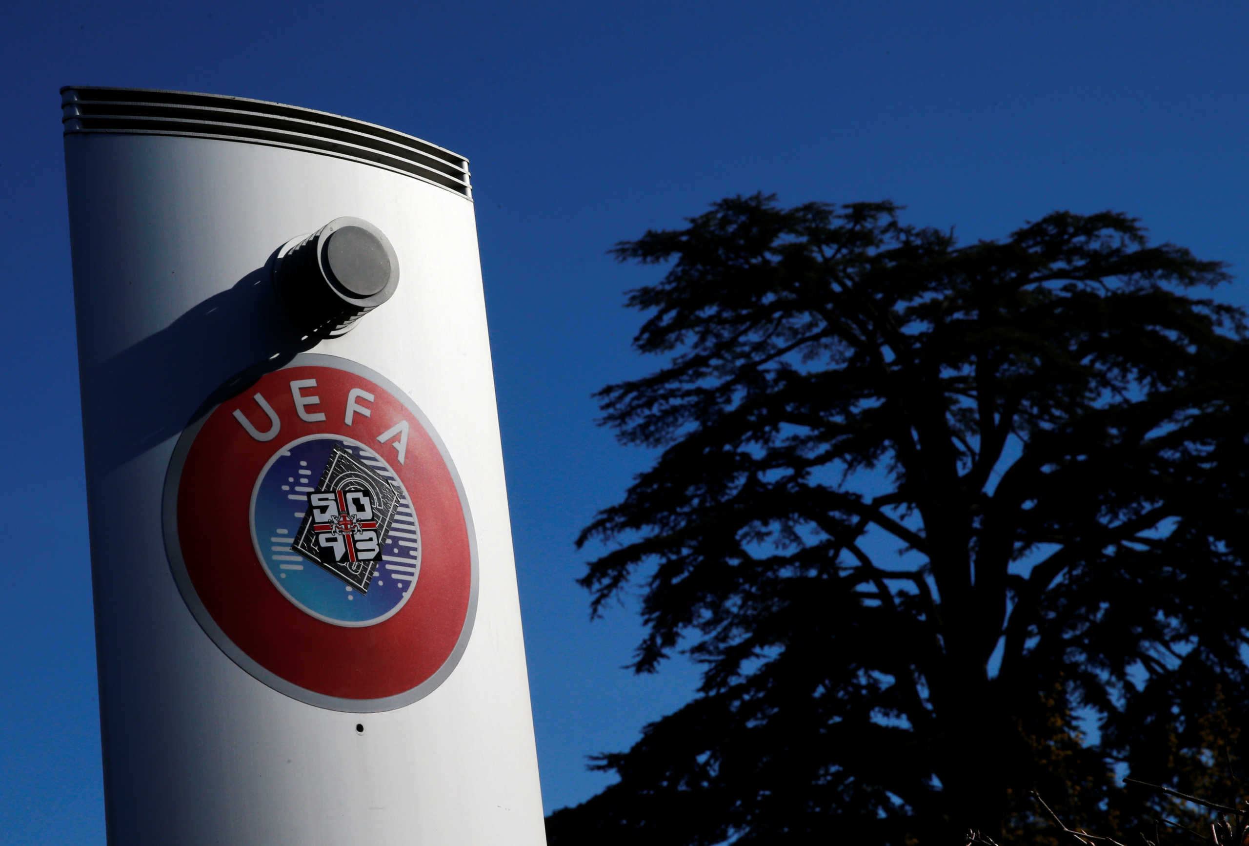 A logo is pictured outside the UEFA in Nyon, Switzerland, February 28, 2020. Picture taken February 28, 2020. REUTERS