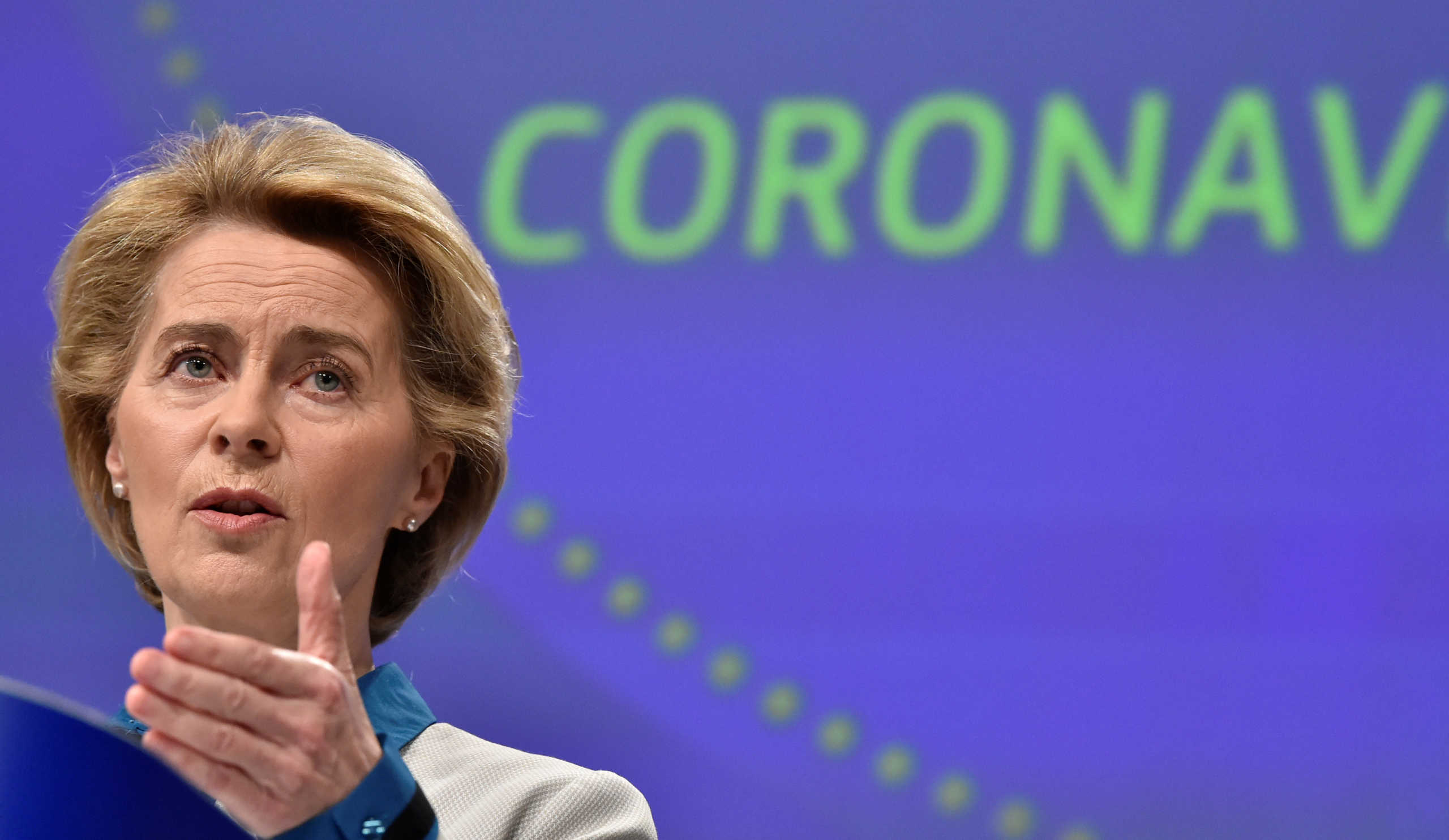 The President of European Commission Ursula von der Leyen holds a news conference on the European Union response to the coronavirus disease (COVID-19) crisis at the EU headquarters in Brussels, April 15, 2020.  John Thys