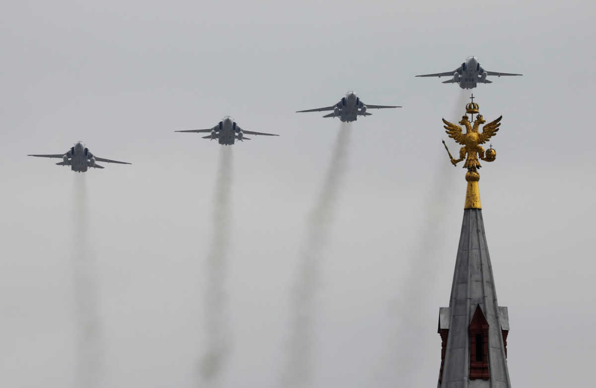 Russian Sukhoi Su-24 bombers fly in formation during a rehearsal for the flypast, which marks the 75th anniversary of the victory over Nazi Germany in World War Two, in Moscow, Russia May 4, 2020. The traditional large-scale Victory Day military parade across Red Square was postponed due to the outbreak of the coronavirus disease (COVID 19). REUTERS