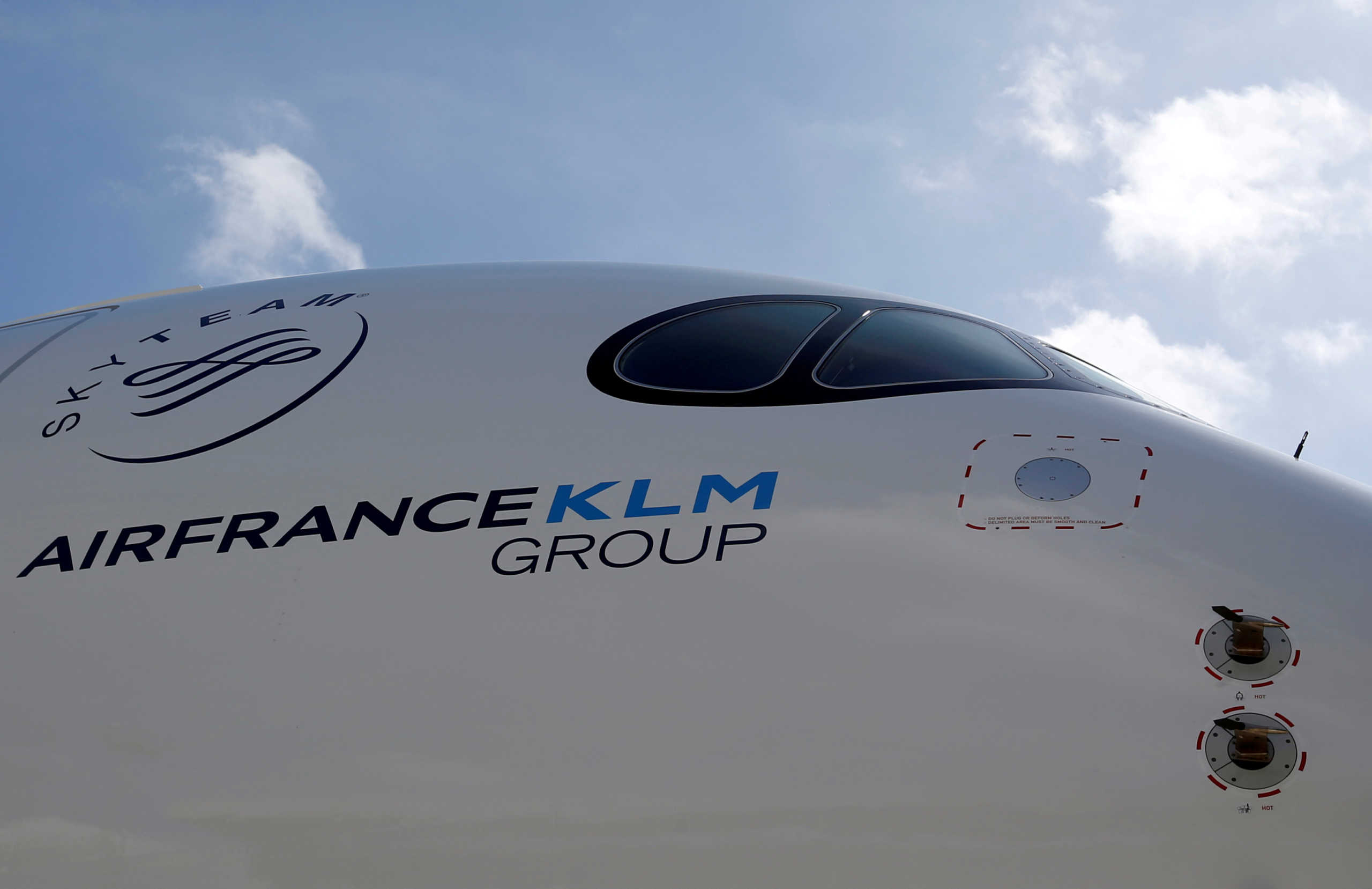 FILE PHOTO: Logo of Air France KLM Group is pictured on the first Air France airliner's Airbus A350 during a ceremony at the aircraft builder's headquarters of Airbus in Colomiers near Toulouse, France, September 27, 2019. REUTERS