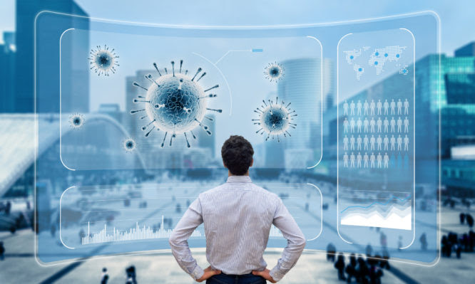 Epidemic infectious disease outbreak with person analyzing virus strain and worldwide situation. SARS-CoV-2 pathogen causing coronavirus covid-19 pandemic disrupting social and economic life