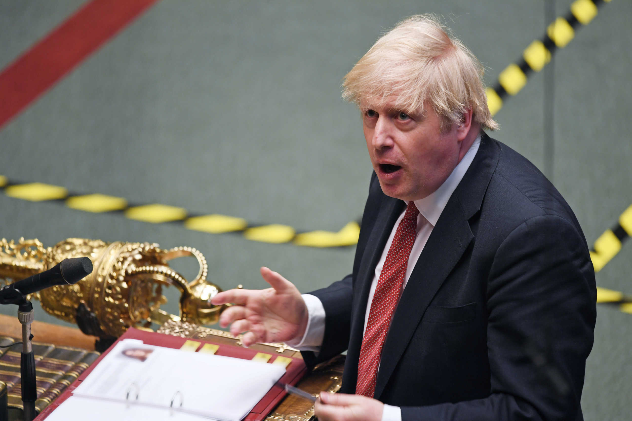 Britain's Prime Minister Boris Johnson speaks during a parliament session made up of a mix of Chamber participants and remote participants, amid the coronavirus disease (COVID-19) outbreak, in the House of Commons Chamber in London, Britain, May 11, 2020. UK Parliament