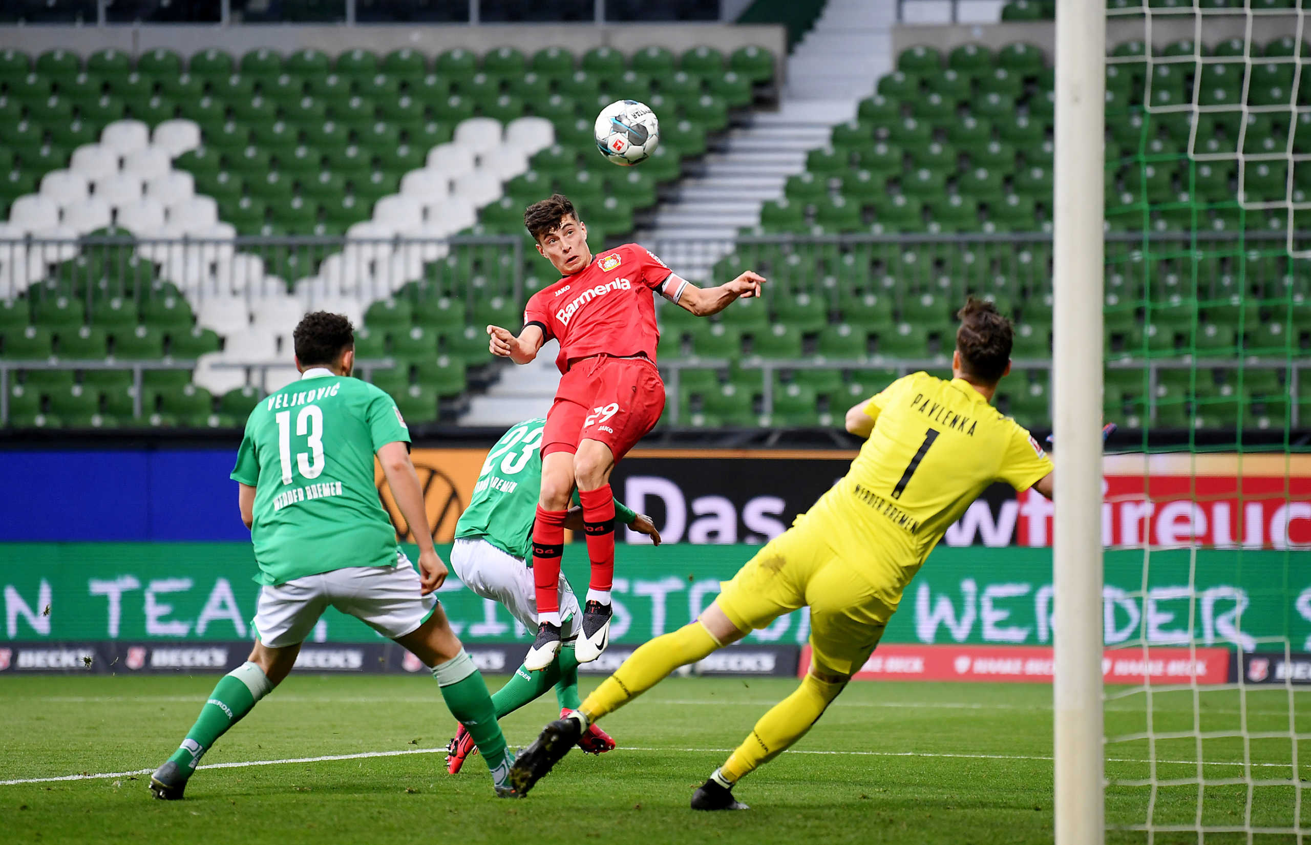 Soccer Football - Bundesliga - Werder Bremen v Bayer Leverkusen - Weser-Stadion, Bremen, Germany - May 18, 2020  Bayer Leverkusen's Kai Havertz scores their first goal, as play resumes behind closed doors following the outbreak of the coronavirus disease (COVID-19) Stuart Franklin