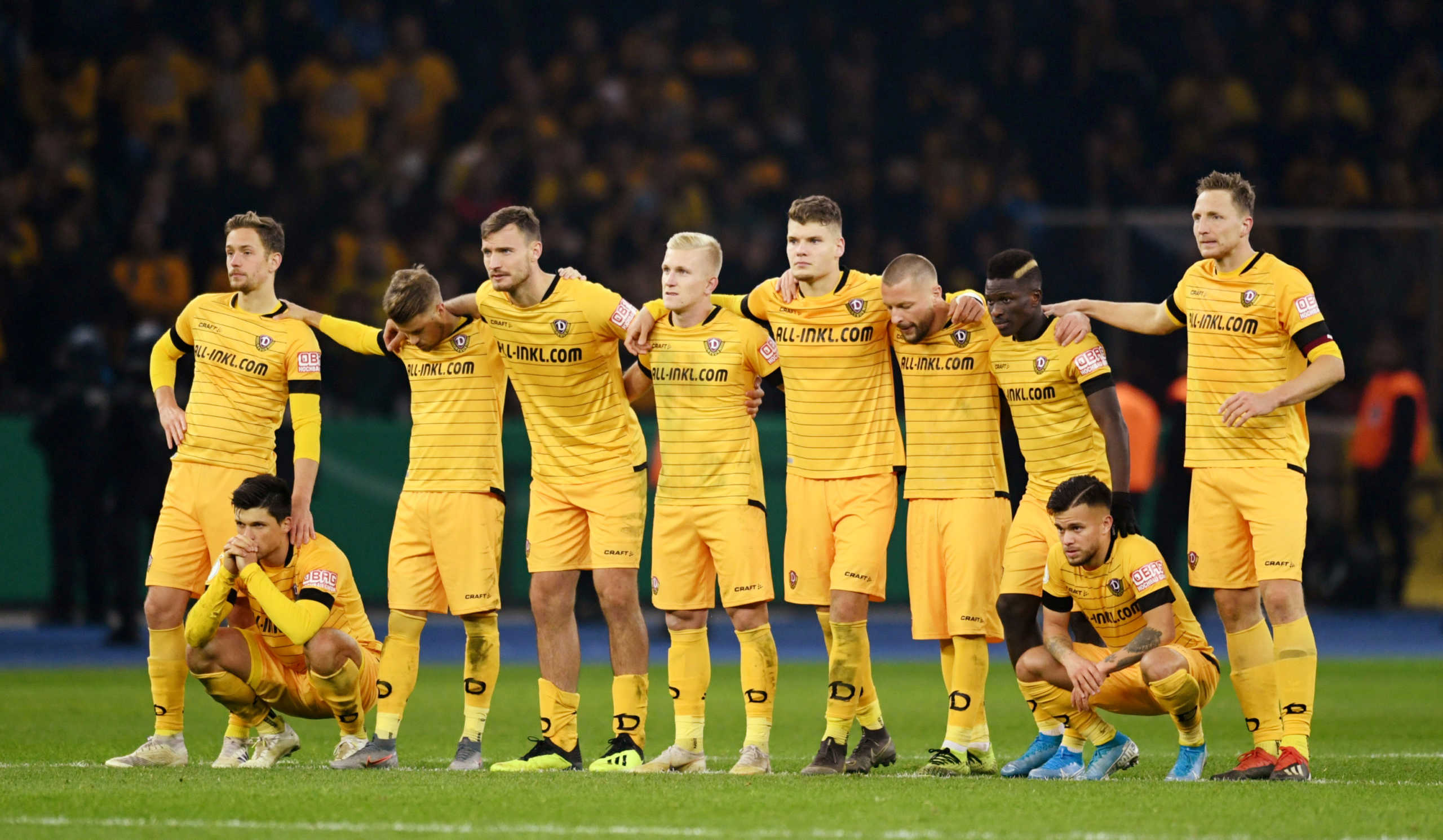 FILE PHOTO: Soccer Football - DFB Cup - Second Round - Hertha BSC v Dynamo Dresden - Olympiastadion, Berlin, Germany - October 30, 2019  Dynamo Dresden players during the penalty shootout  REUTERS