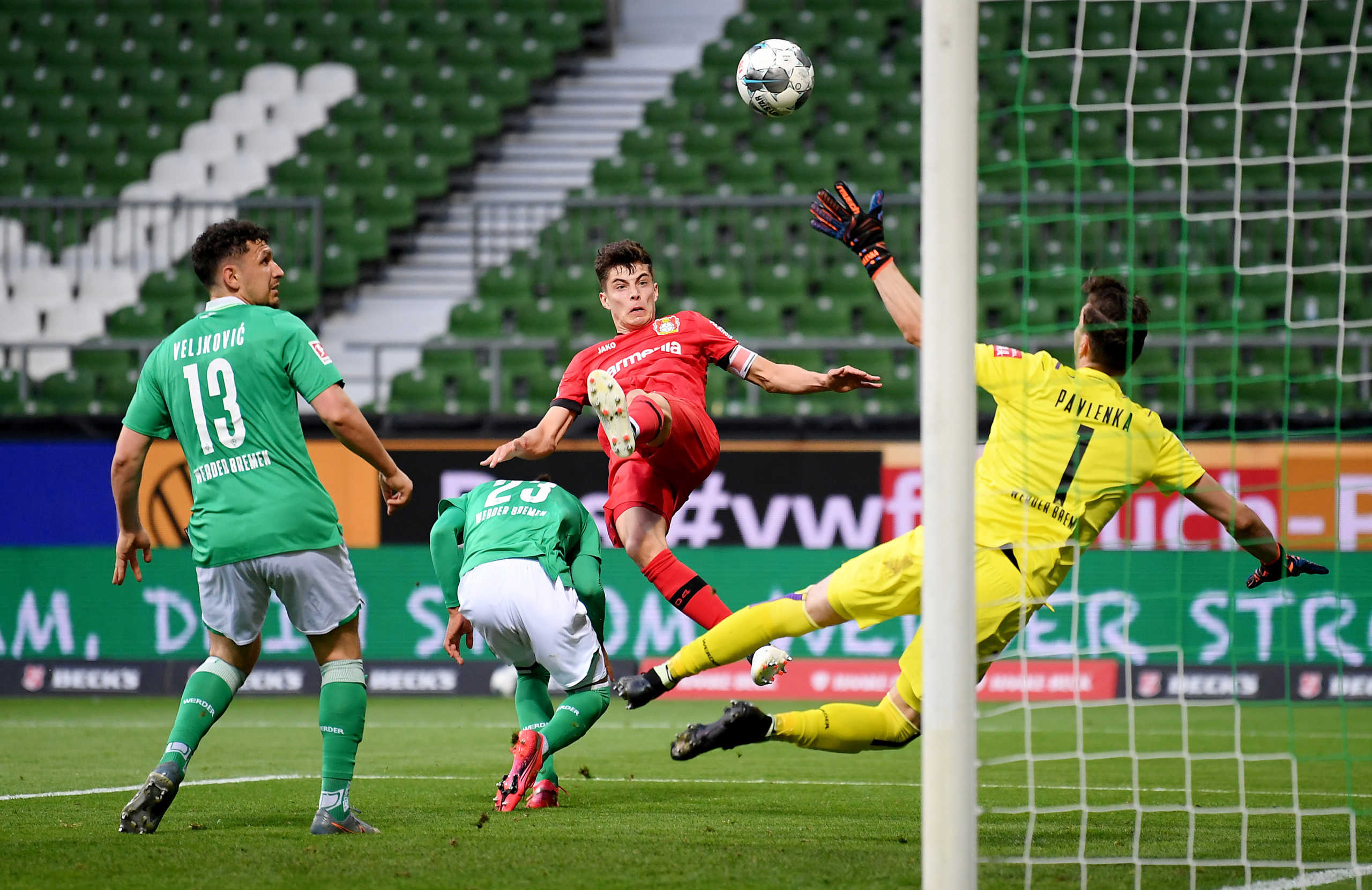 Soccer Football - Bundesliga - Werder Bremen v Bayer Leverkusen - Weser-Stadion, Bremen, Germany - May 18, 2020  Bayer Leverkusen's Kai Havertz scores their first goal, as play resumes behind closed doors following the outbreak of the coronavirus disease (COVID-19) Stuart Franklin
