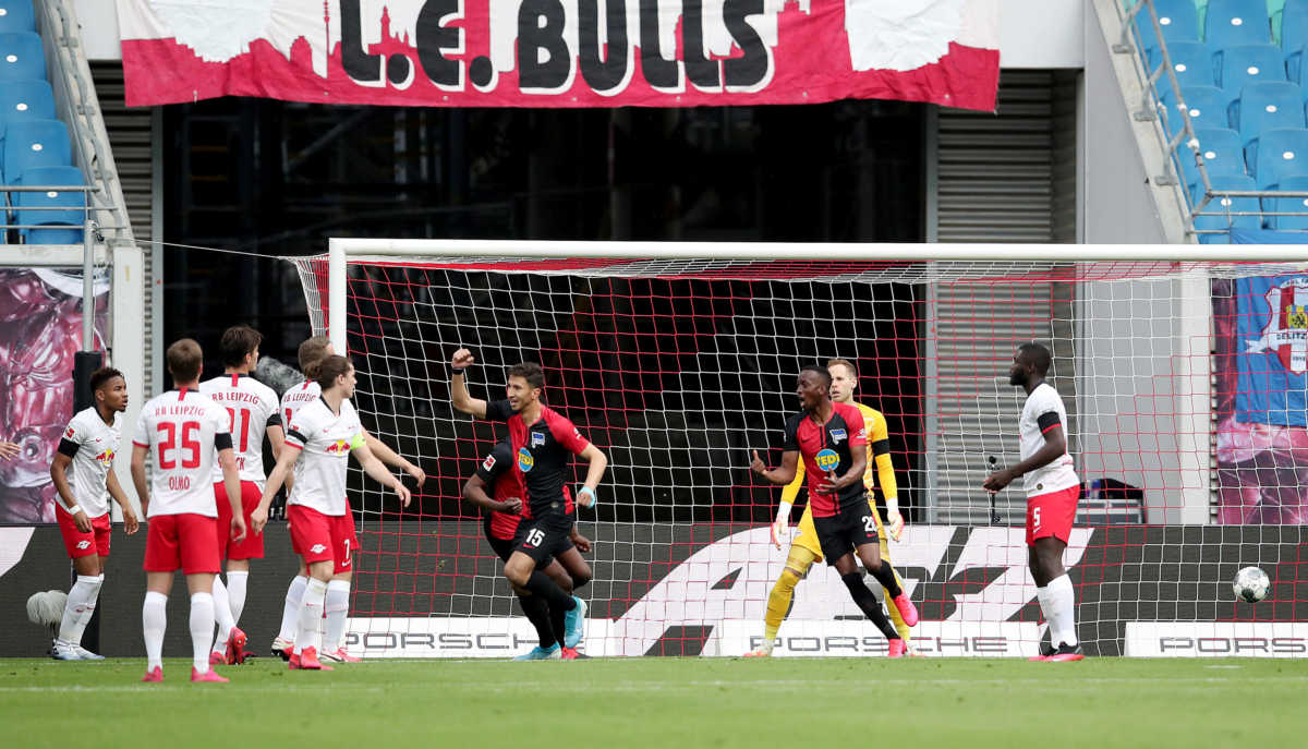 Soccer Football - Bundesliga - RB Leipzig v Hertha BSC - Red Bull Arena, Leipzig, Germany - May 27, 2020 Hertha BSC's Marko Grujic celebrates scoring their first goal, as play resumes behind closed doors following the outbreak of the coronavirus disease (COVID-19) Alexander Hassenstein