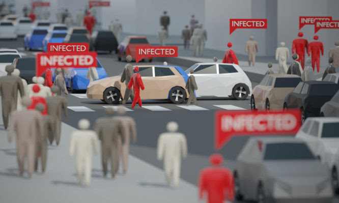 Infected people walking on a city street. Digital 3D render concept.