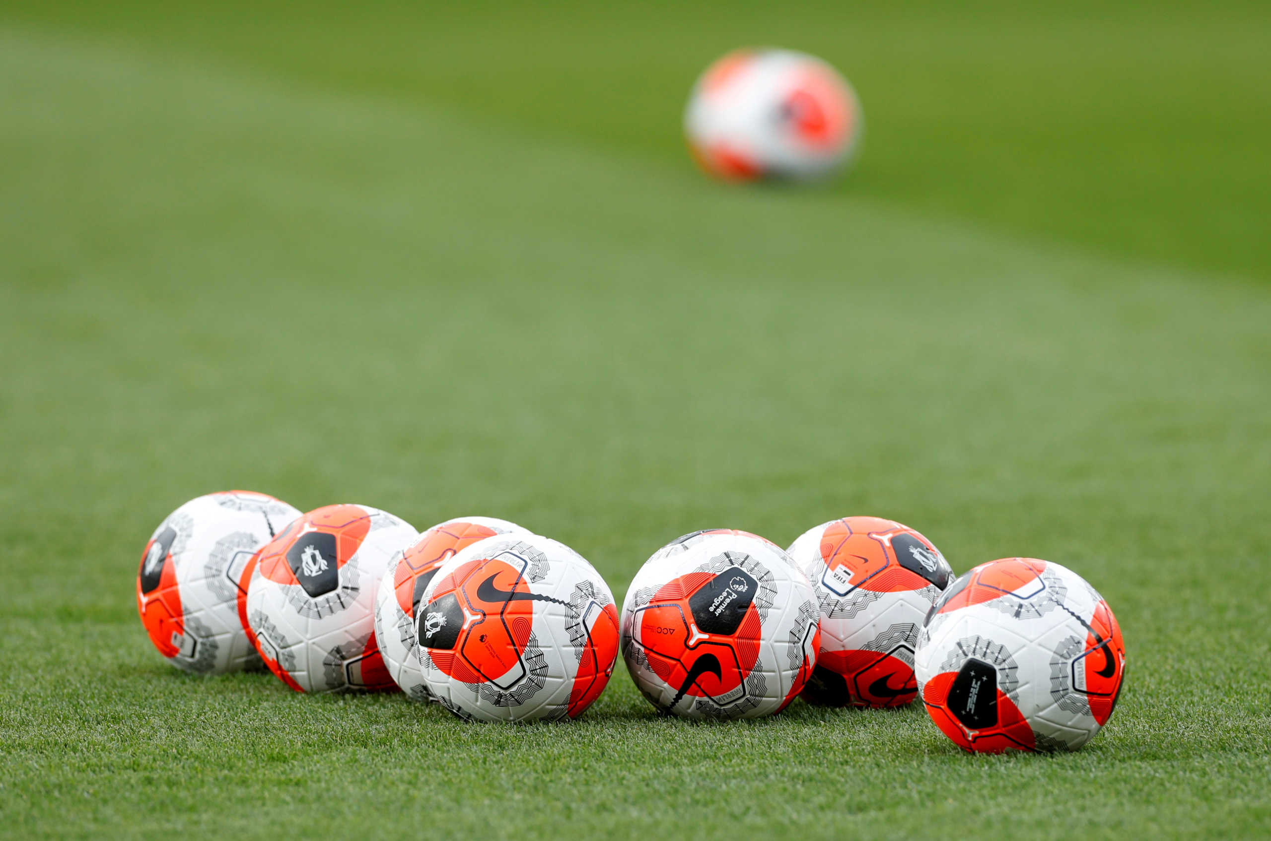 FILE PHOTO: Soccer Football - Premier League - Southampton v Aston Villa - St Mary's Stadium, Southampton, Britain - February 22, 2020  General view of match balls on the pitch before the match  Action Images via Reuters