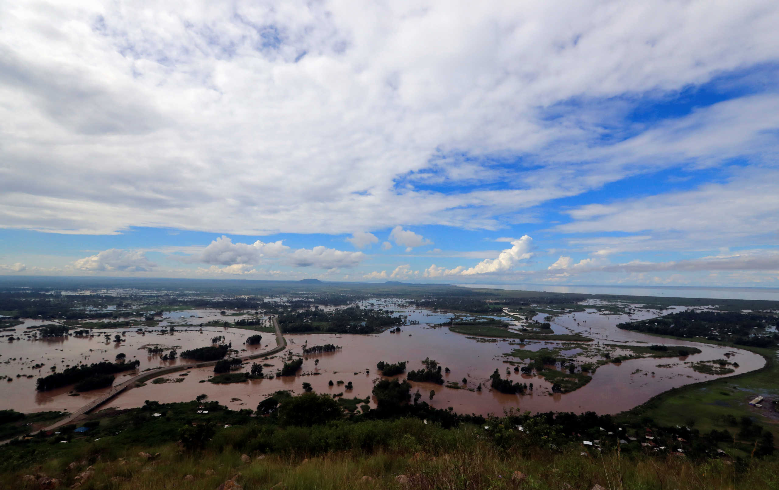 An aerial general view shows flood waters near the Sigiri bridge after River Nzoia burst its banks and due to heavy rainfall and the backflow from Lake Victoria, in Budalangi within Busia County, Kenya May 3, 2020. REUTERS