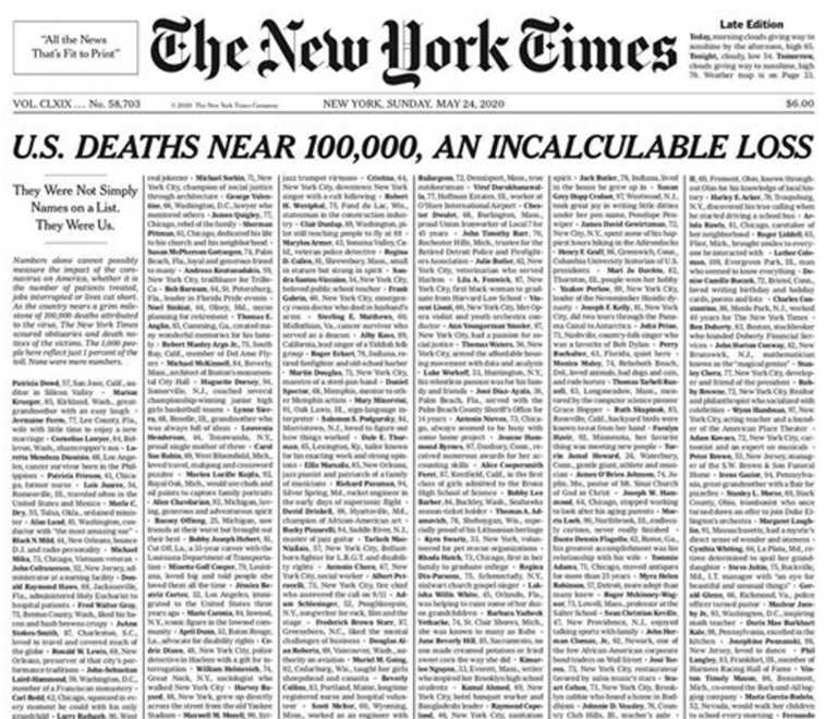 Ανατριχίλα! Πρωτοσέλιδο των New York Times με τα ονόματα των θυμάτων του κορονοϊού στις ΗΠΑ!