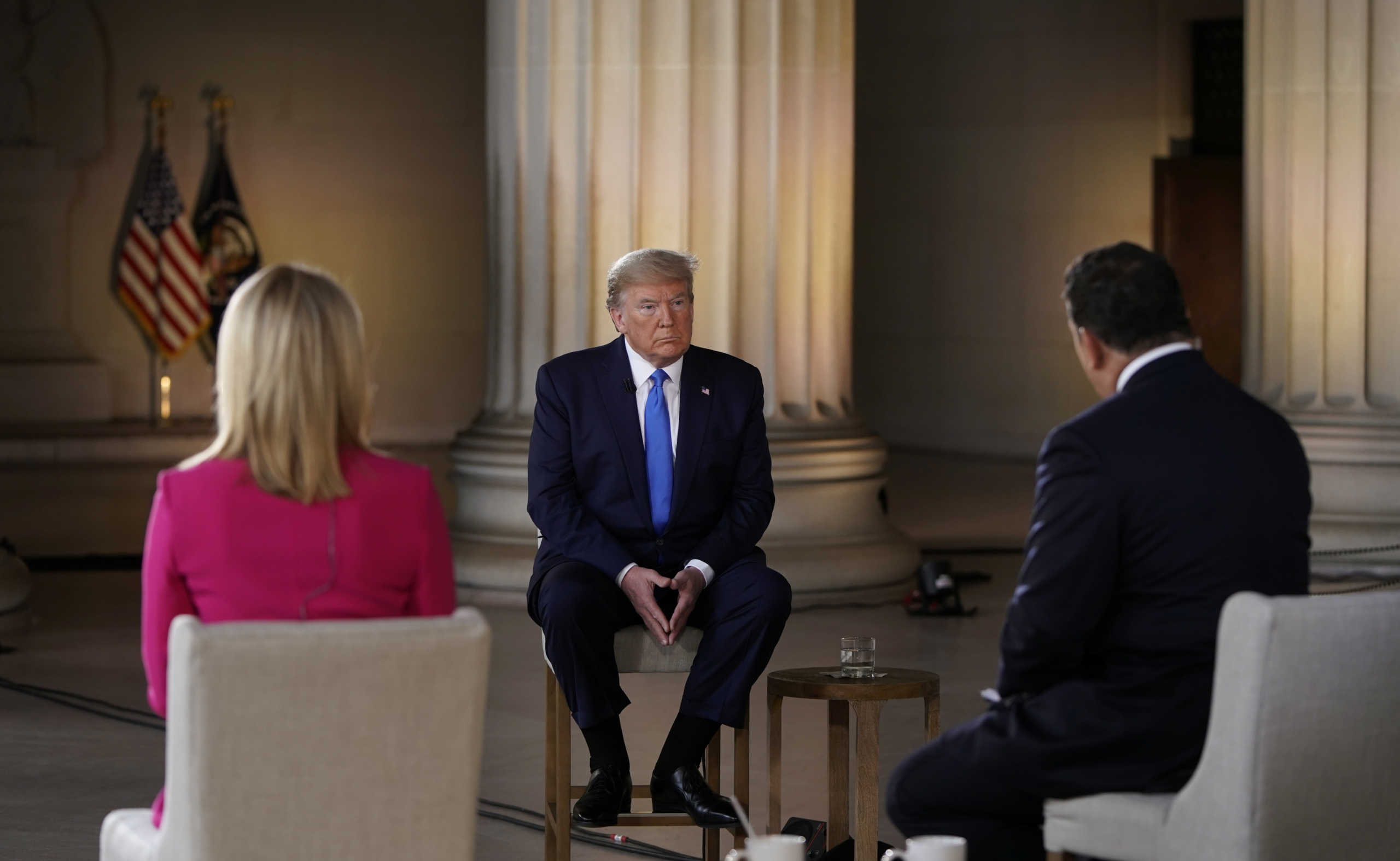 U.S. President Donald Trump participates in a live Fox News Channel virtual town hall called "America Together: Returning to Work" with hosts Bret Baier and Martha MacCallum about the response to the coronavirus disease (COVID-19) pandemic being broadcast from inside the Lincoln Memorial in Washington, U.S. May 3, 2020.  REUTERS