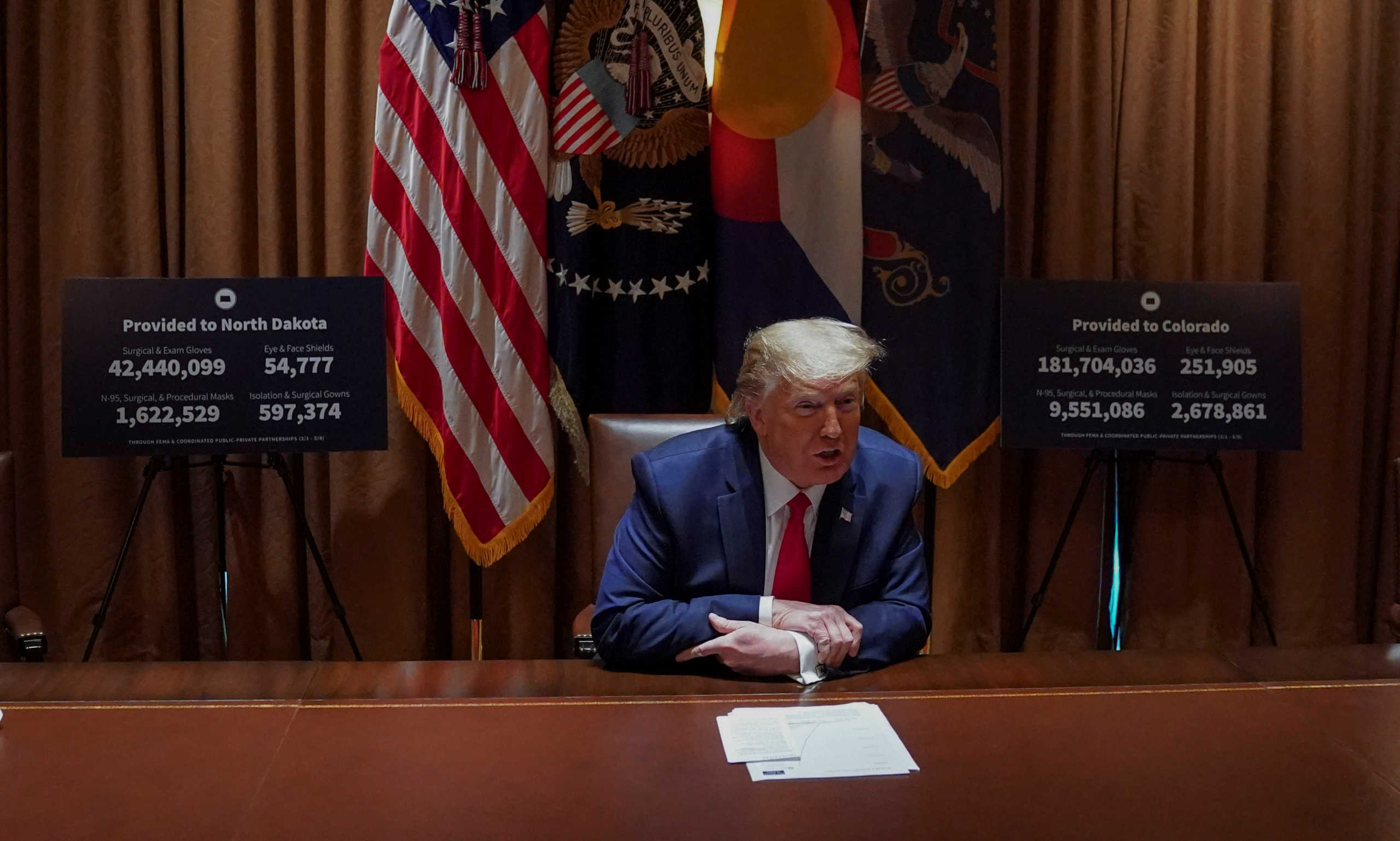 U.S. President Donald Trump holds a meeting on the coronavirus disease (COVID-19) outbreak response with North Dakota Governor Doug Burgum and Colorado Governor Jared Polis in the Cabinet Room at the White House in Washington, U.S., May 13, 2020. REUTERS