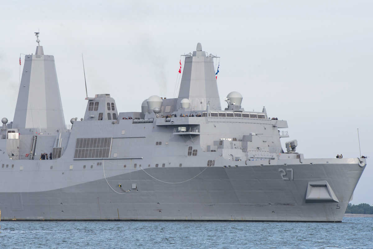 180102-N-TP834-284 
GUANTANAMO BAY, Cuba (Jan. 2, 2018) The to to be commissioned San Antonio-class amphibious transport dock ship USS Portland (LPD 27) transits Guantanamo Bay during a brief fuel stop. The ship is currently on its way to home port in San Diego, and is scheduled to be commissioned in its namesake city of Portland, Oregon in April. Naval Station Guantanamo Bay is the Navy’s strategic logistics installation for routine, contingency, humanitarian, counternarcotic and migrant operations in the Caribbean; providing high quality of life while preserving environmental, historic and cultural resources. (U. S. Navy photo by Mass Communication Specialist 1st Class John Philip Wagner, Jr.