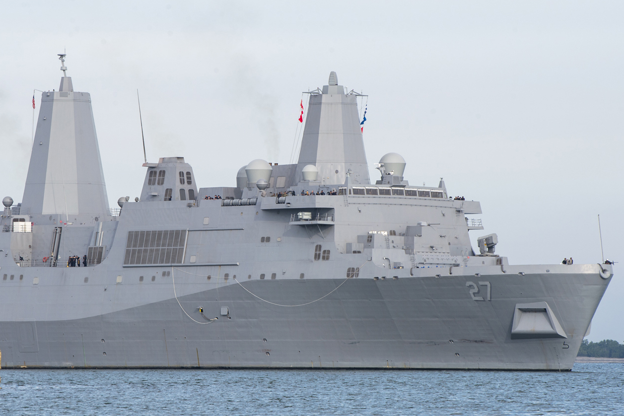 180102-N-TP834-284 
GUANTANAMO BAY, Cuba (Jan. 2, 2018) The to to be commissioned San Antonio-class amphibious transport dock ship USS Portland (LPD 27) transits Guantanamo Bay during a brief fuel stop. The ship is currently on its way to home port in San Diego, and is scheduled to be commissioned in its namesake city of Portland, Oregon in April. Naval Station Guantanamo Bay is the Navy’s strategic logistics installation for routine, contingency, humanitarian, counternarcotic and migrant operations in the Caribbean; providing high quality of life while preserving environmental, historic and cultural resources. (U. S. Navy photo by Mass Communication Specialist 1st Class John Philip Wagner, Jr.
