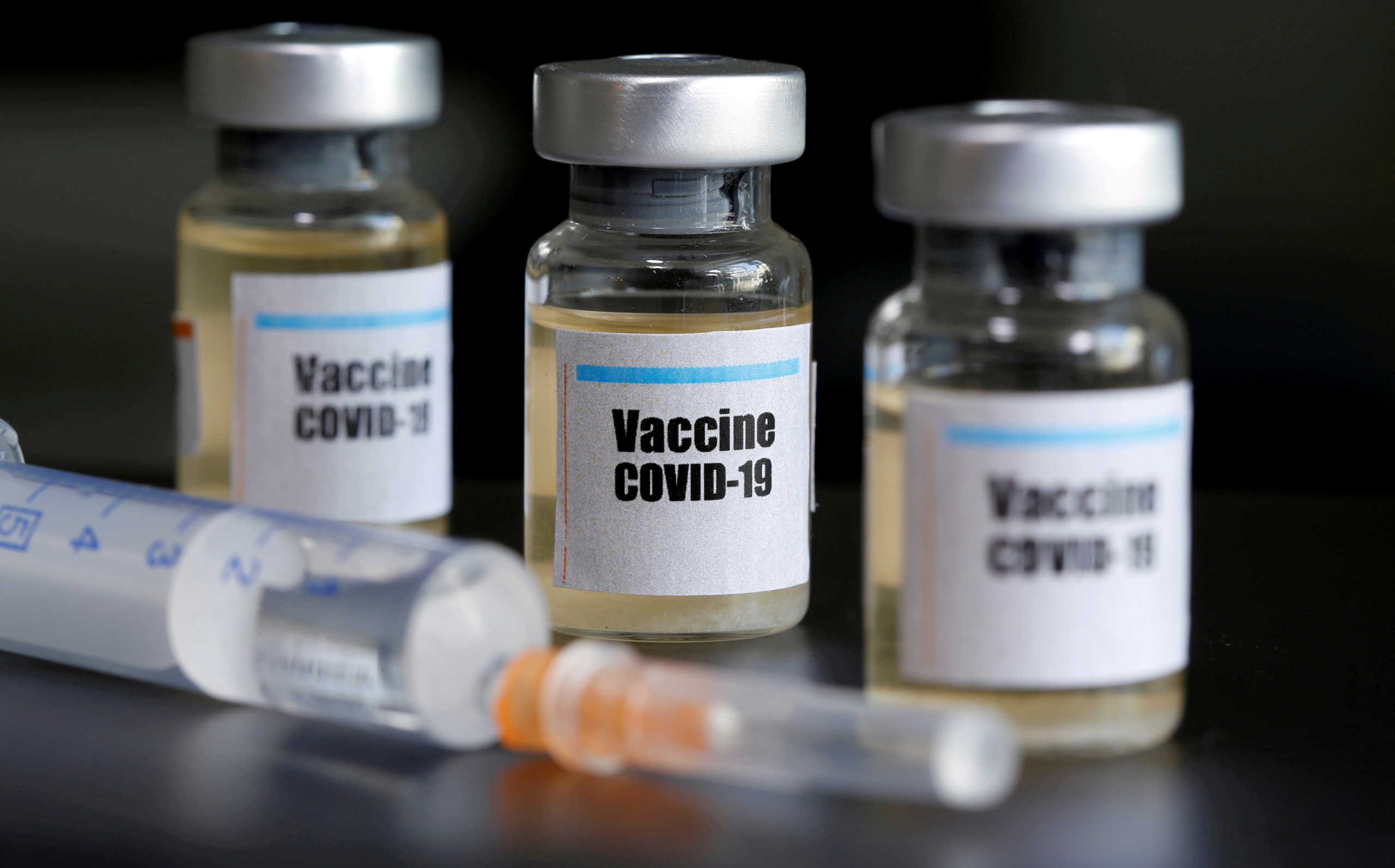 FILE PHOTO: Small bottles labeled with a "Vaccine COVID-19" sticker and a medical syringe are seen in this illustration taken taken April 10, 2020. REUTERS