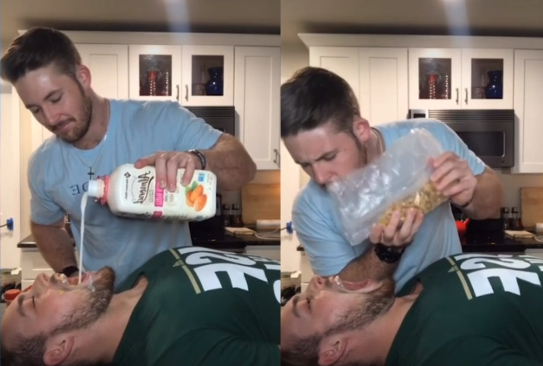 Άνδρας μετατρέπει τον αδερφό του σε μπολ και τρώει από το στόμα του δημητριακά!