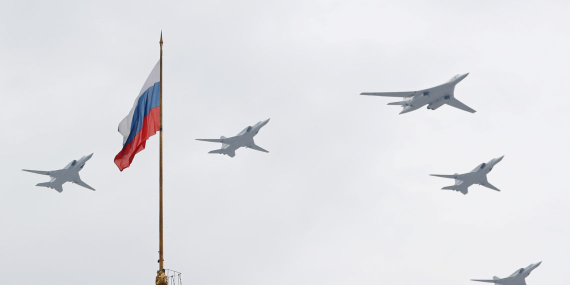 A Tupolev Tu-160 and Tu-22M3 military aircrafts fly in formation during a rehearsal for the flypast, which marks the 75th anniversary of the victory over Nazi Germany in World War Two, in Moscow, Russia May 4, 2020. The traditional large-scale Victory Day military parade across Red Square was postponed due to the outbreak of the coronavirus disease (COVID 19). REUTERS