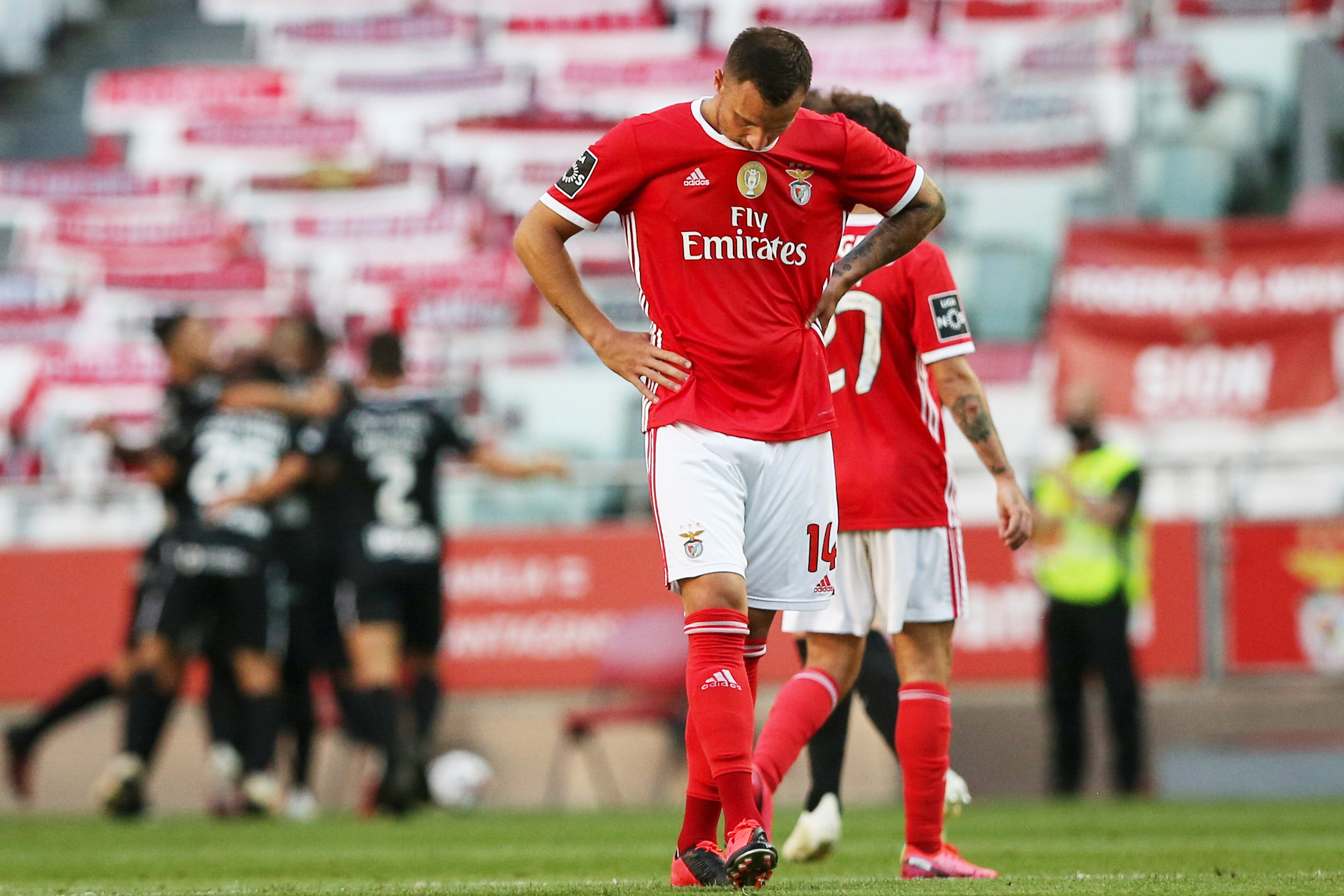 Soccer Football - Primeira Liga - Benfica v Santa Clara - Estadio da Luz, Lisbon, Portugal - June 23, 2020. Benfica's Haris Seferovic reacts after Santa Clara's goal, following the resumption of play behind closed doors after the outbreak of the coronavirus disease (COVID-19) Manuel De Almeida