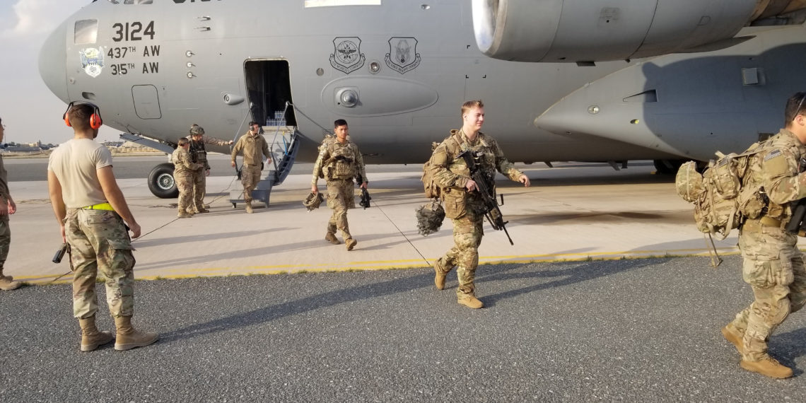 U.S. Army paratroopers from the 82nd Airborne Division arrive at Ali Al Salem Air Base, Kuwait, January 2, 2020. Picture taken January 2, 2020. U.S. Army