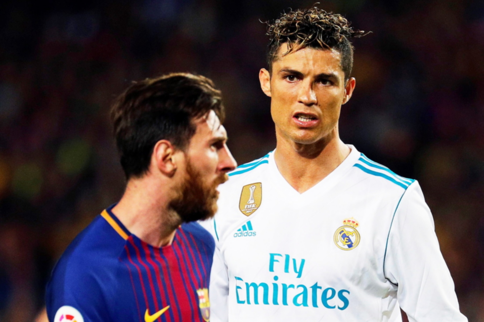 epa06715822 FC Barcelona's striker Lionel Messi (L) and Real Madrid's striker Cristiano Ronaldo (R) react during the Spanish Primera Division soccer match between FC Barcelona and Real Madrid at Camp Nou in Barcelona, Spain, 06 May 2018.  EPA