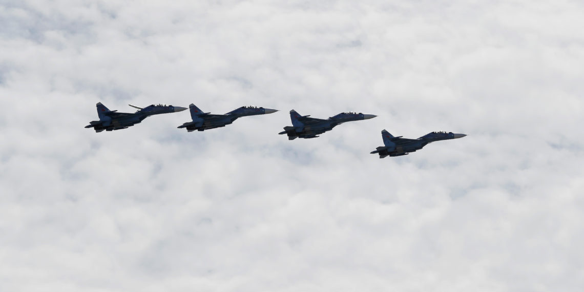 Belarusian Air Force Sukhoi Su-30SM jet fighters fly in formation during a rehearsal for the Victory Day parade, which marks the 75th anniversary of the victory over Nazi Germany in World War Two, in Minsk, Belarus May 7, 2020. REUTERS