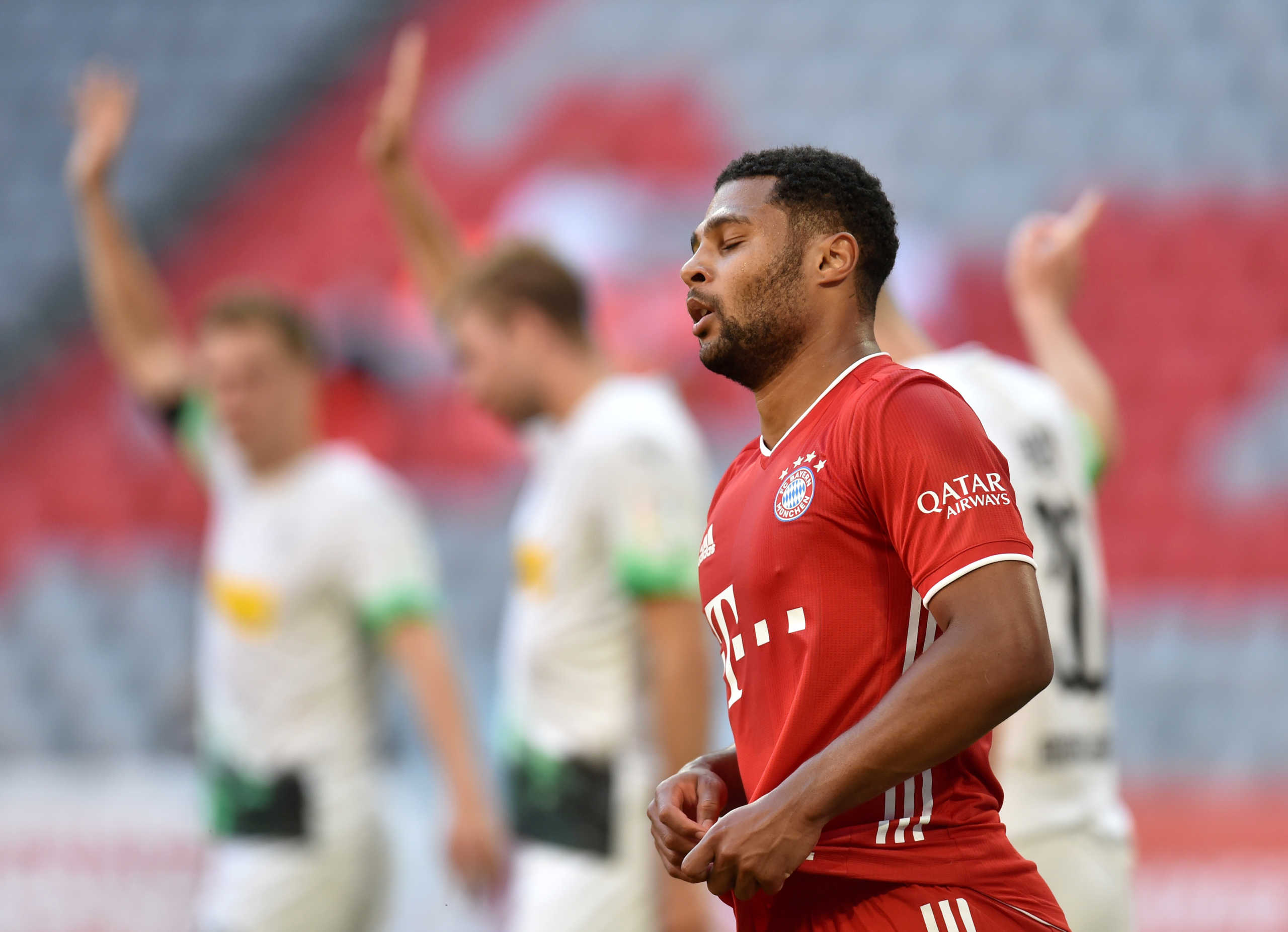 Soccer Football - Bundesliga - Bayern Munich v Borussia Moenchengladbach - Allianz Arena, Munich, Germany - June 13, 2020 Bayern Munich's Serge Gnabry reacts, as play resumes behind closed doors following the outbreak of the coronavirus disease (COVID-19) Christof Stache