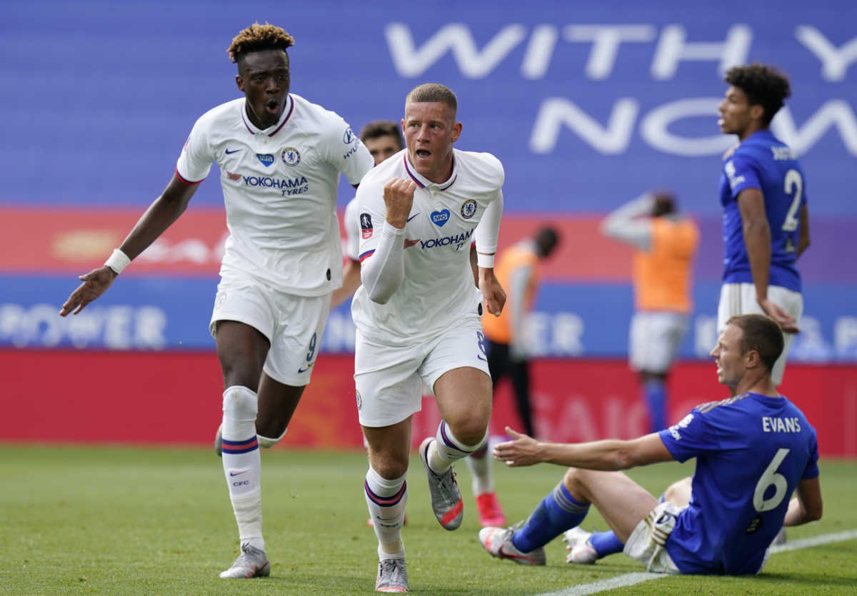 Soccer Football -  FA Cup - Quarter Final - Leicester City v Chelsea - King Power Stadium, Leicester, Britain - June 28, 2020 Chelsea's Ross Barkley celebrates scoring their first goal with Tammy Abraham, as play resumes behind closed doors following the outbreak of the coronavirus disease (COVID-19)  Tim Keeton