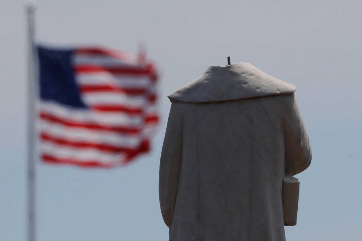 The head of a statue of Christopher Columbus was pulled off overnight amid protests against racial inequality in the aftermath of the death in Minneapolis police custody of George Floyd in Boston, Massachusetts, U.S., June 10, 2020.   REUTERS