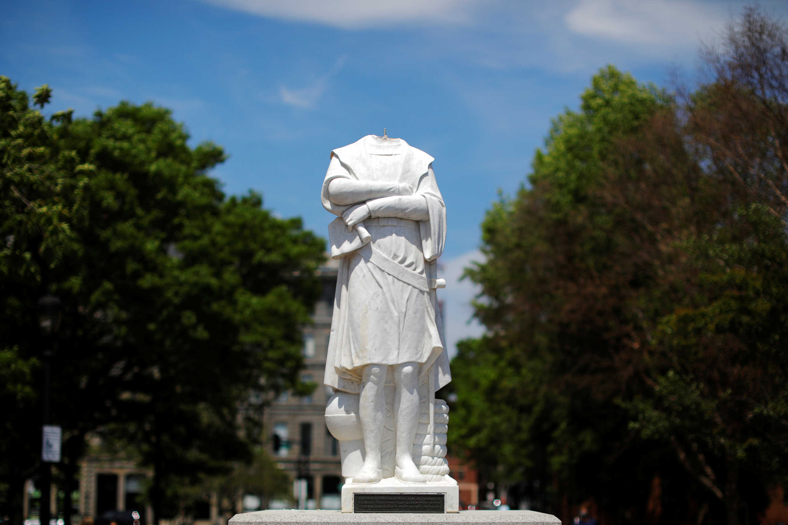 The head of a statue of Christopher Columbus was pulled off overnight amid protests against racial inequality in the aftermath of the death in Minneapolis police custody of George Floyd, in Boston, Massachusetts, U.S., June 10, 2020.   REUTERS